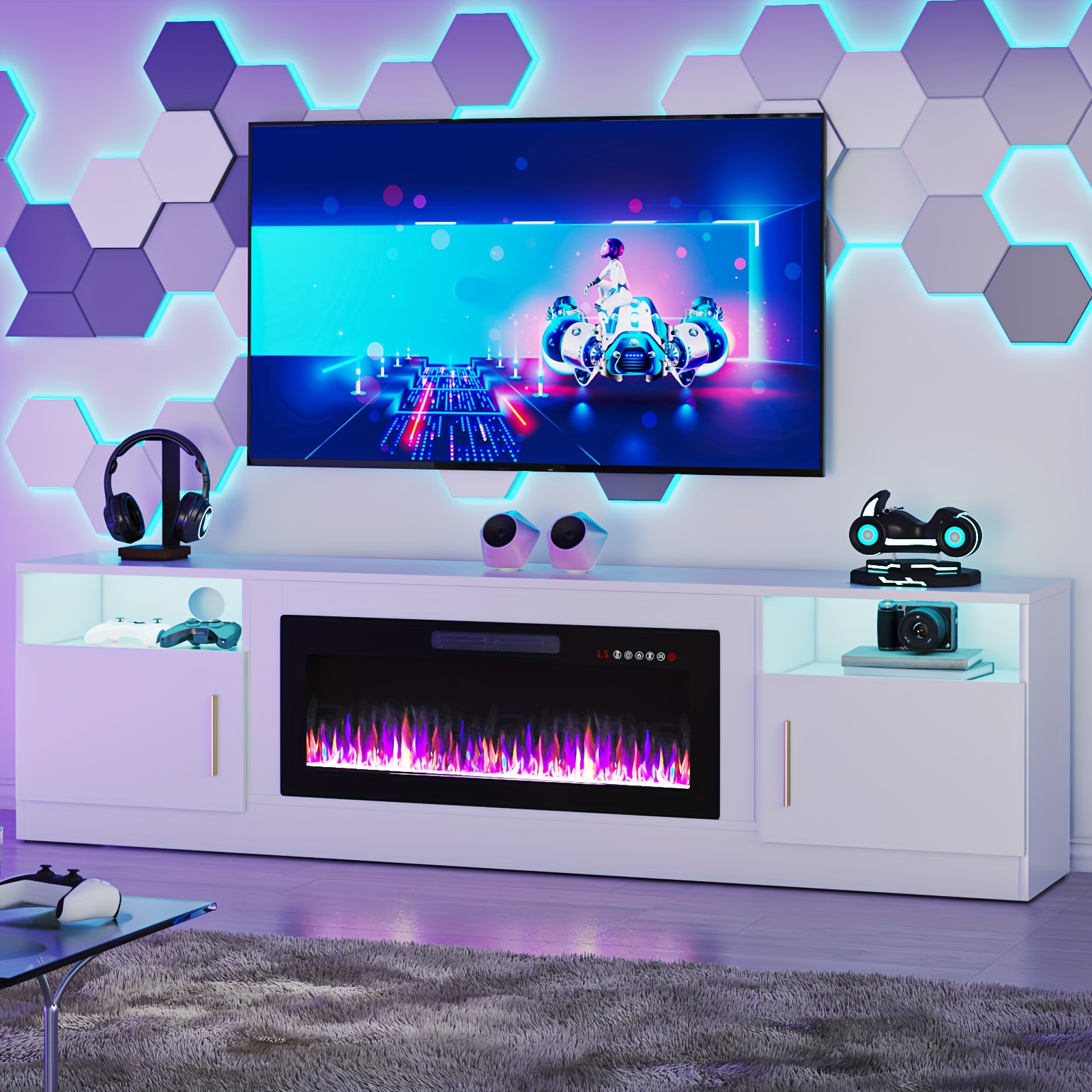 Fireplace TV Cabinet, with 36inch fireplace, 80inch TV cabinet, LED light entertainment center console table suitable for TVs under 85inch, equipped with high-brightness storage cabinets