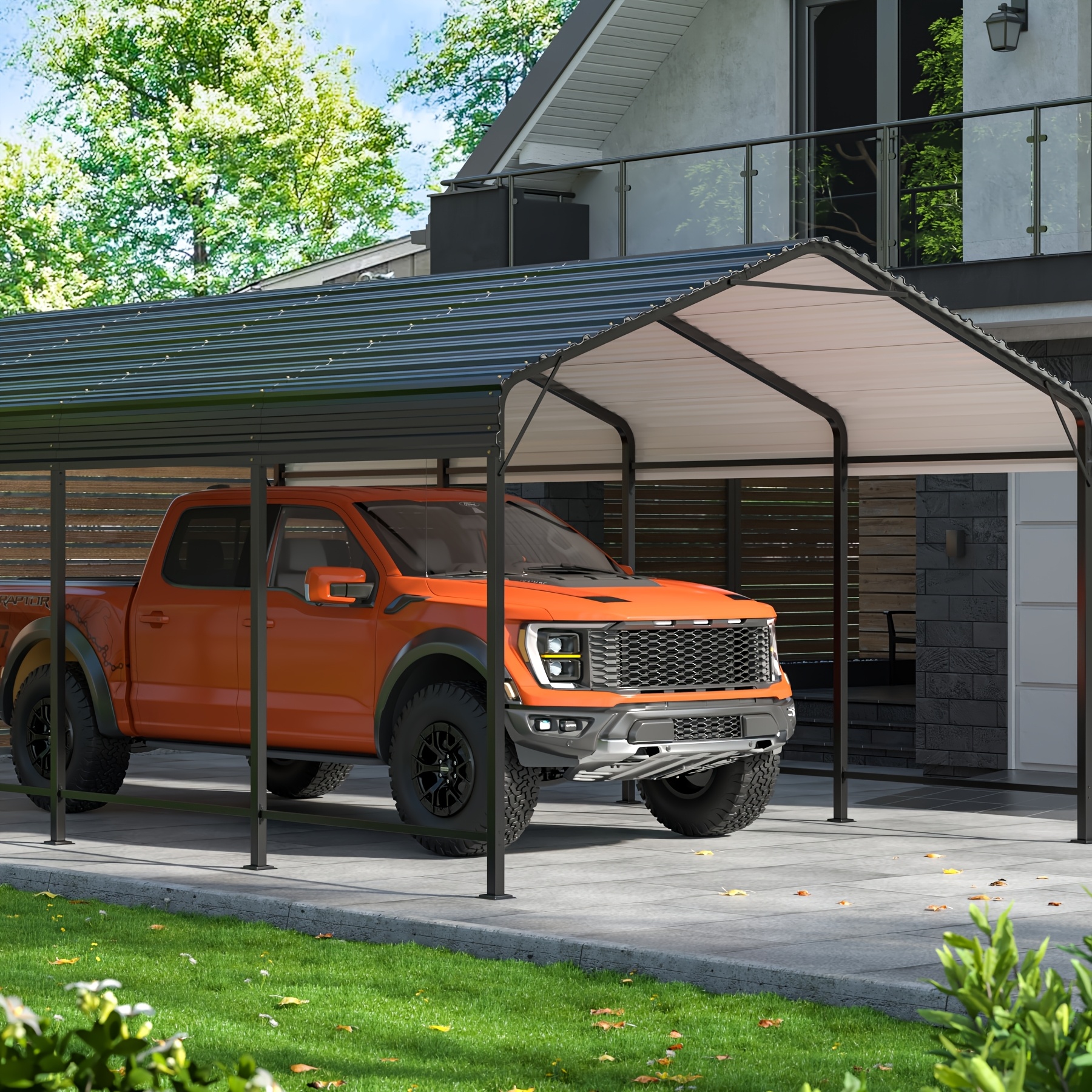 Heavy-duty metal carport, measuring 10x15 feet, with an improved base, suitable for outdoor use.This galvanized cover is designed specifically for pickups, boats, cars, and tractors