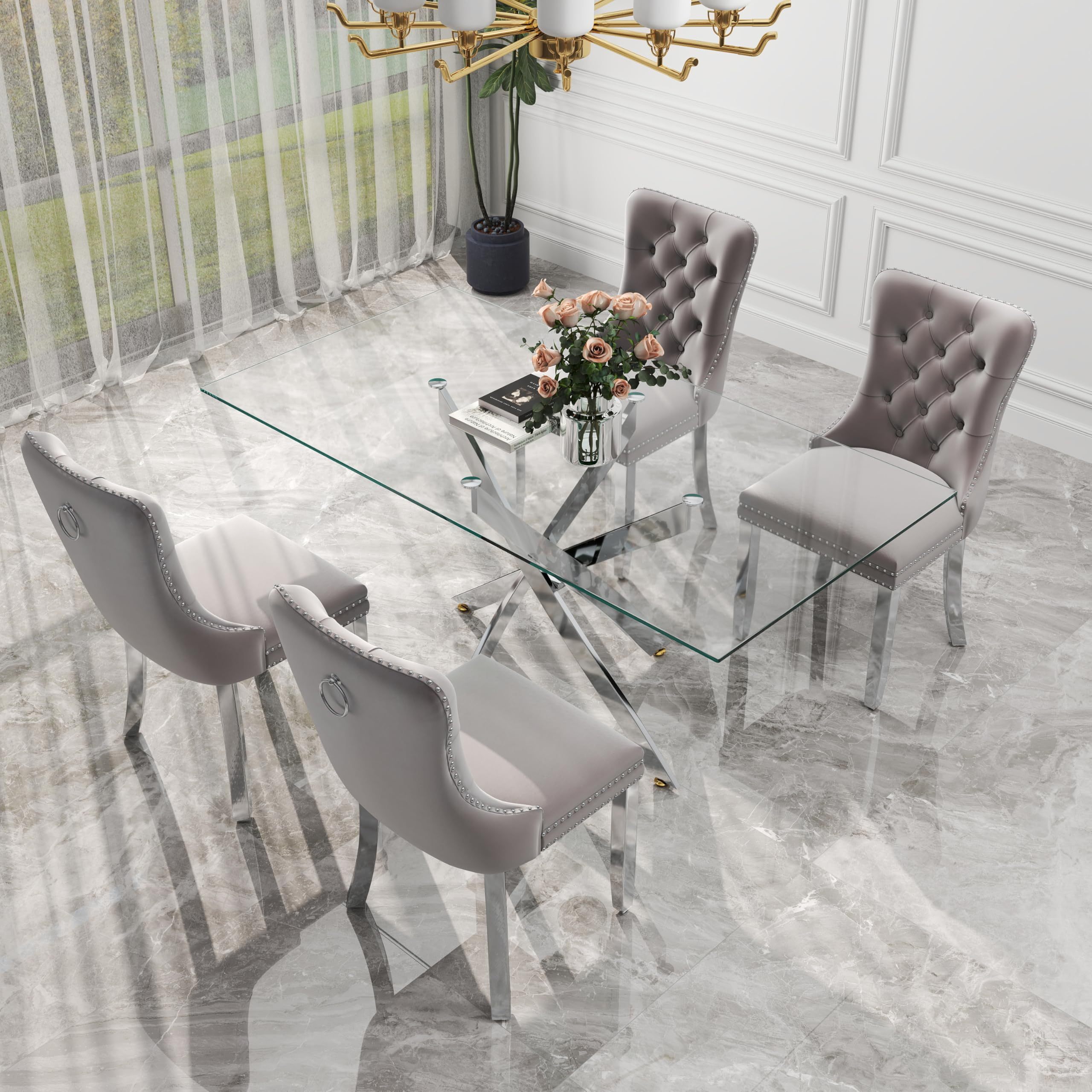 5-piece modern glass dining table set for 4 people, 51inch rectangular dining table, 4 velvet chairs and glass tabletop for dining room furniture