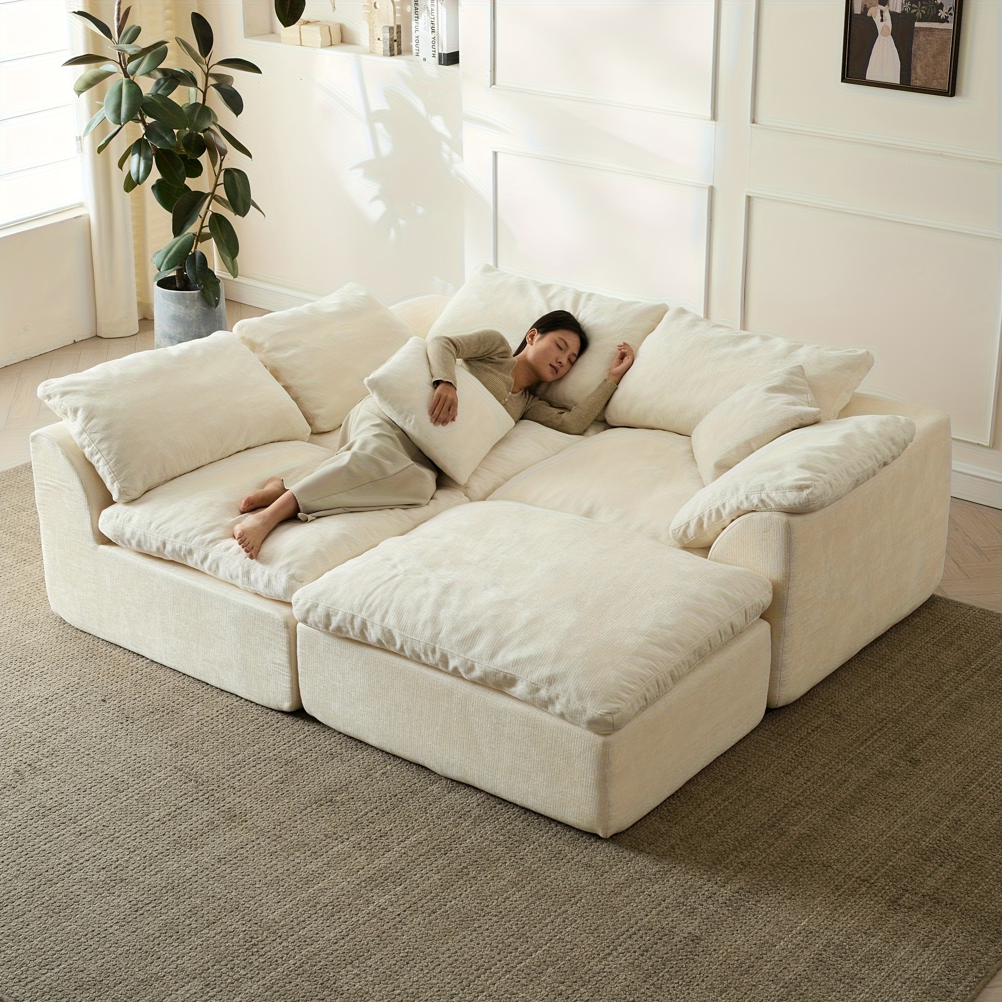 109inch Modern Cloud Sofa, Living Room Deep Seat Corner Frameless Sofa with Footrest, Extra Large Comfortable Three-Seater Chenille Fabric Compression Sofa Modular Combination Sofa, White