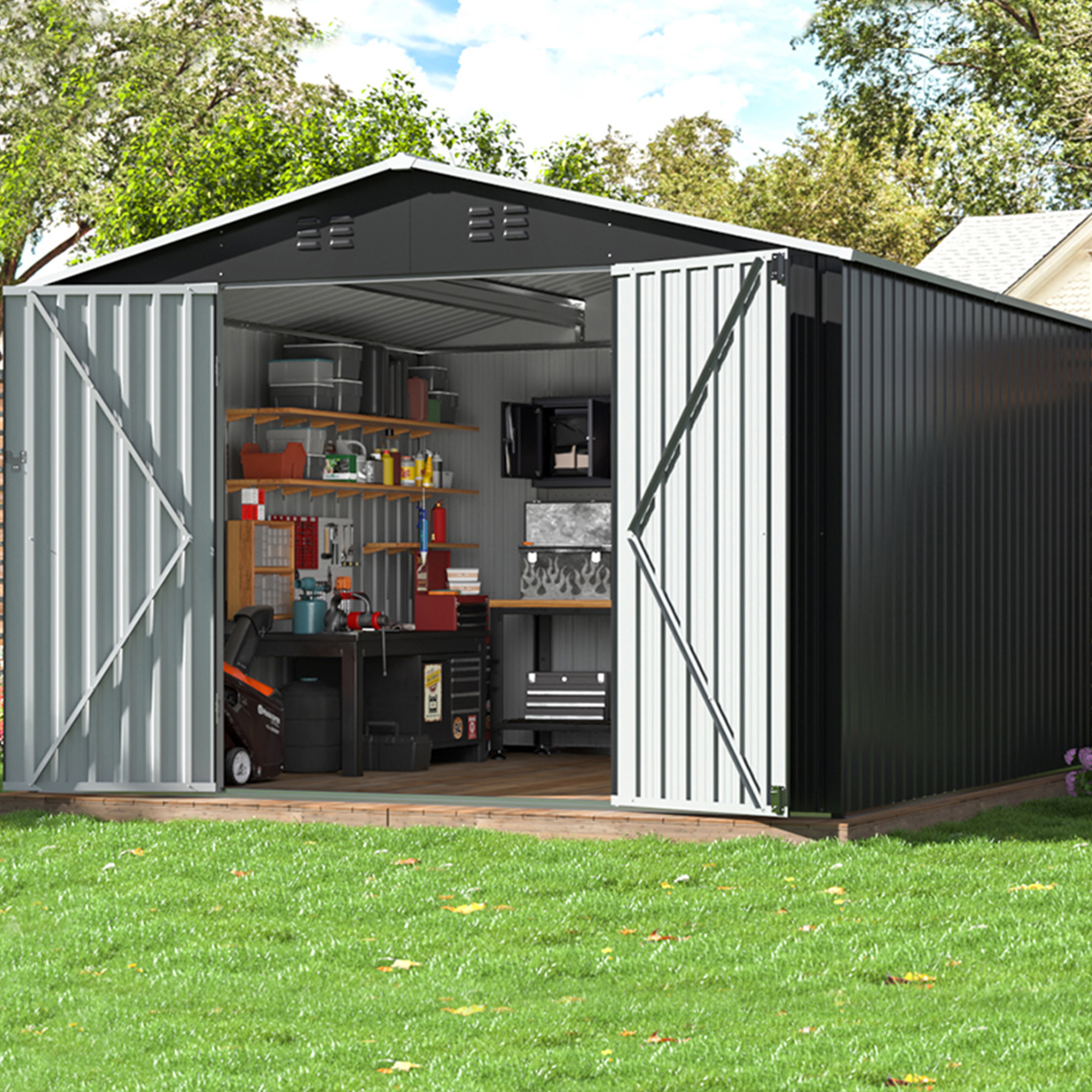 Outdoor storage shed, spacious garden storage shed with reinforced frame structure and lockable doors, metal tool storage shed suitable for backyard, garden, patio, and lawn