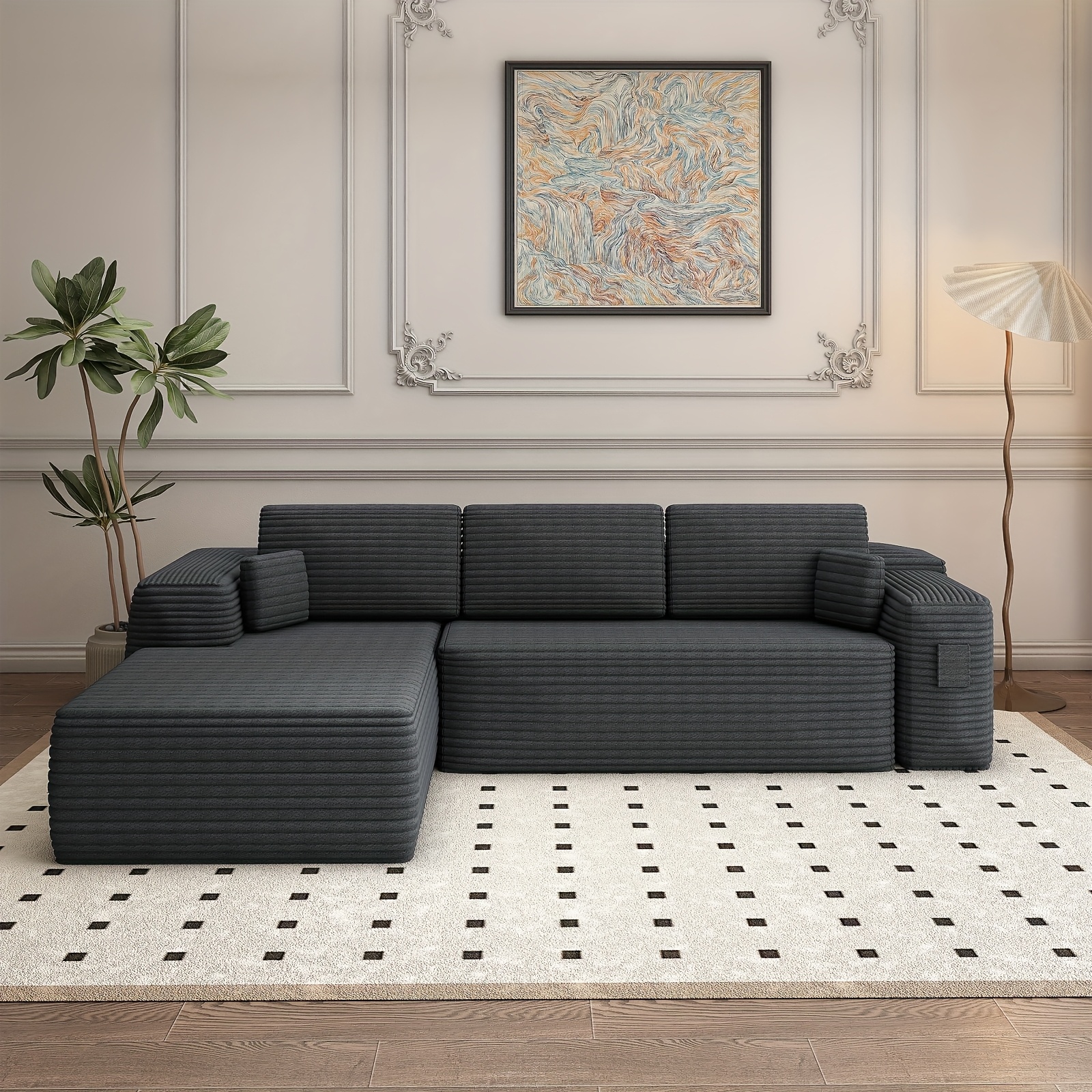 105inch Modular L-shaped sofa with chaise lounge, peach fabric, for living room & home office, frameless cloud sofa, deep seat cushion with memory foam padding (black, left side)