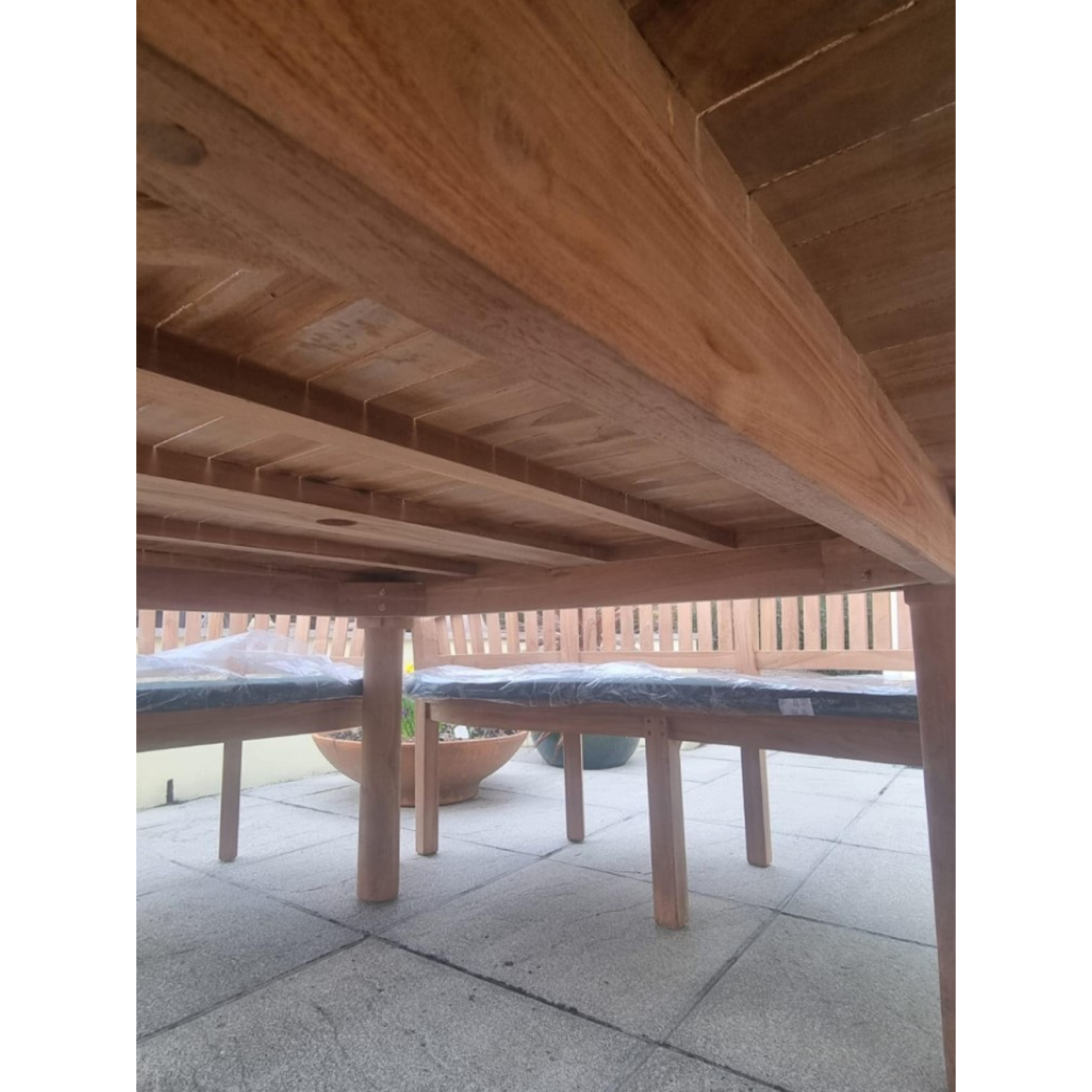 Teak garden dining set. 1.8m &ldquo;Titan&rdquo; round table, 4 bowwood style seats