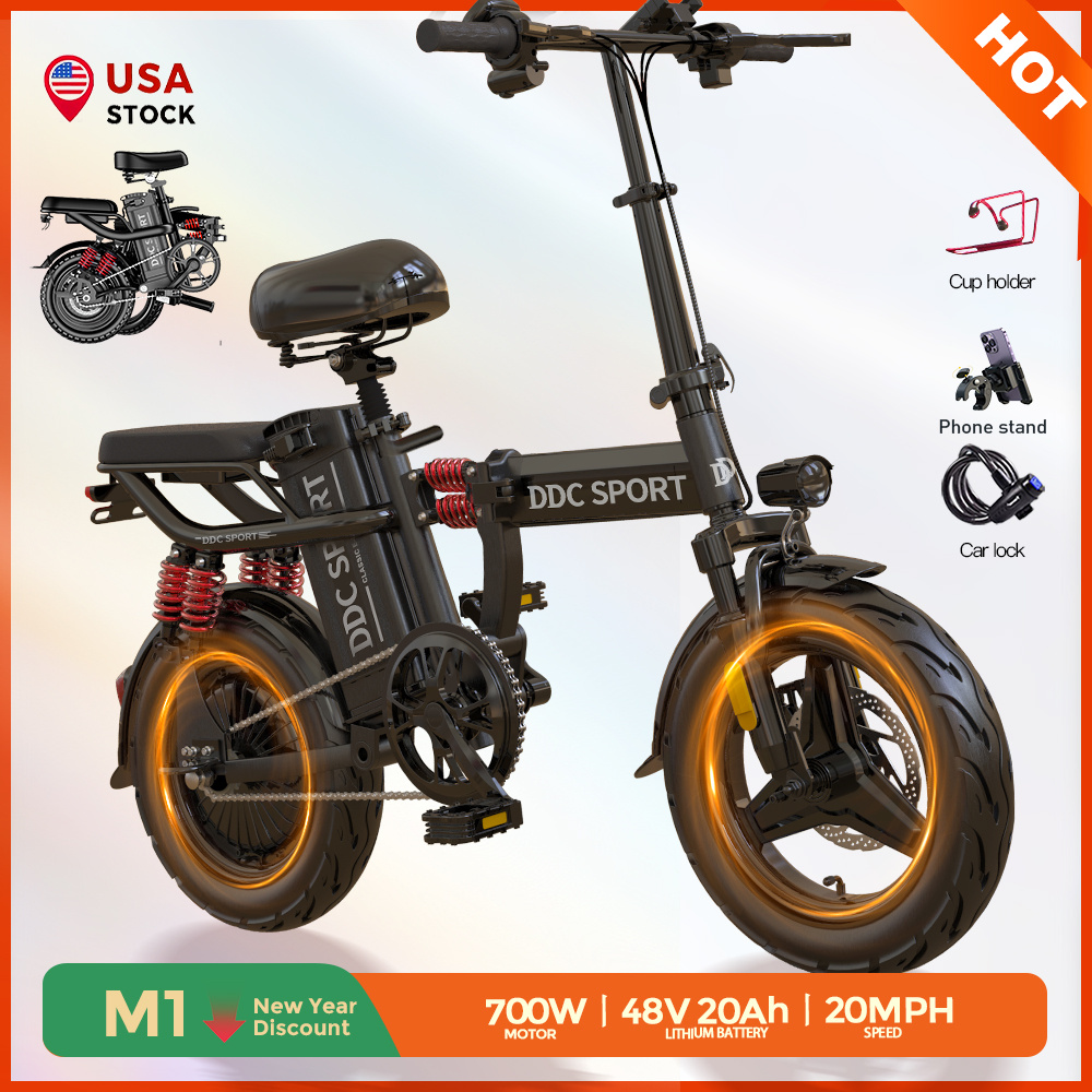 35 miles of range, 48V 20Ah removable battery, adult model M1 electric bicycle, 20 mph speed, E-ABS dual disc brakes, front and rear shock absorbers, commuter electric bike, 14inch all-terrain tires, LCD mileage display