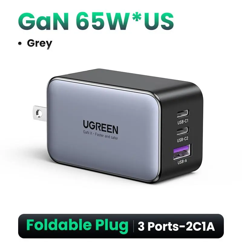 UGREEN Nexode 65W GaN USB C Wall Charger, 3-Port 2C1A Foldable Fast Charger Power Adapter for MacBook, iPhone 17/16/15, Galaxy S25, Pixel, Dell XPS, iPad Pro