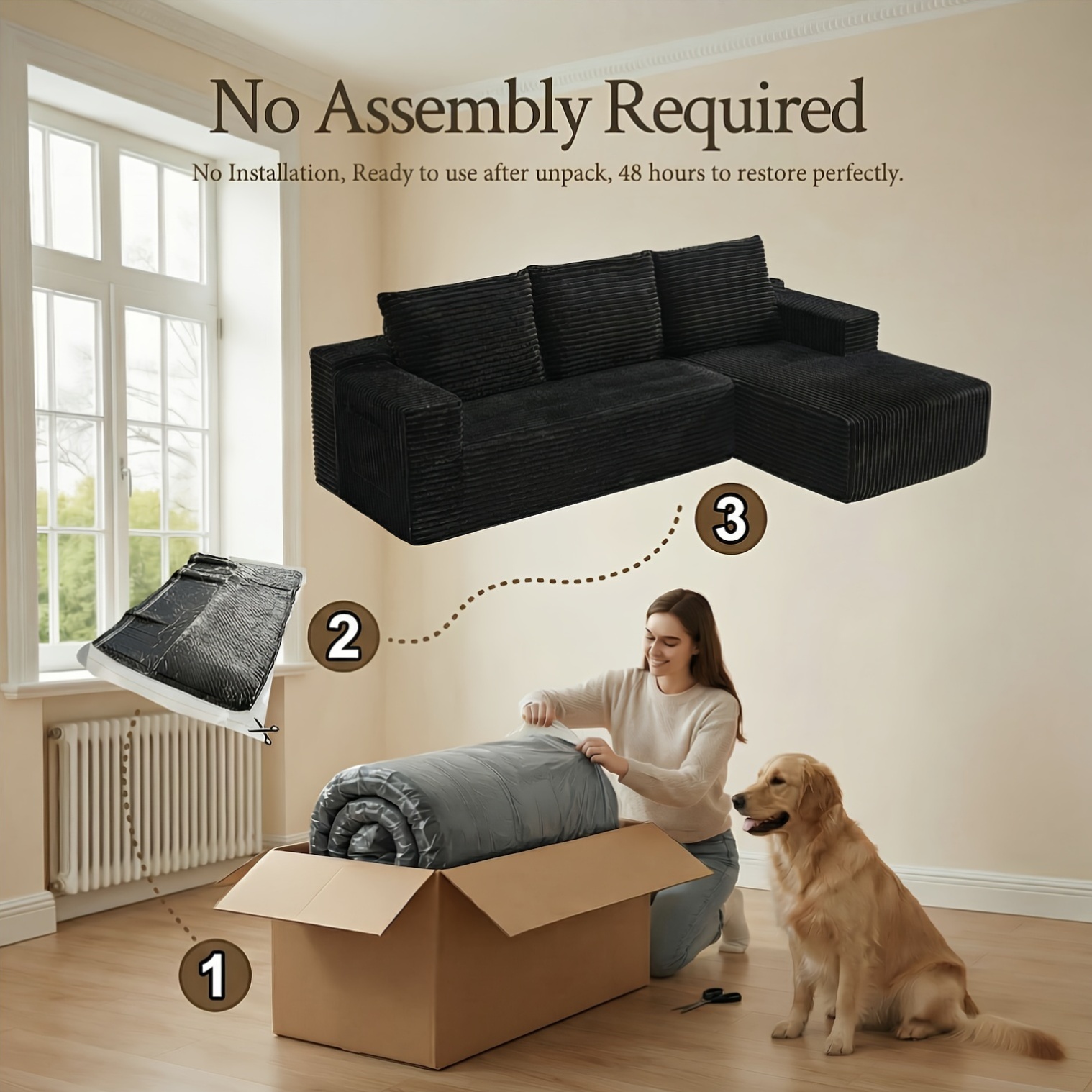 Living room frameless sofa| Modular sectional sofa, made of soft corduroy fabric, minimalist oversized L-shaped sofa with chaise lounge, comes with fluffy pillows and cushions, no assembly required, polyester lining