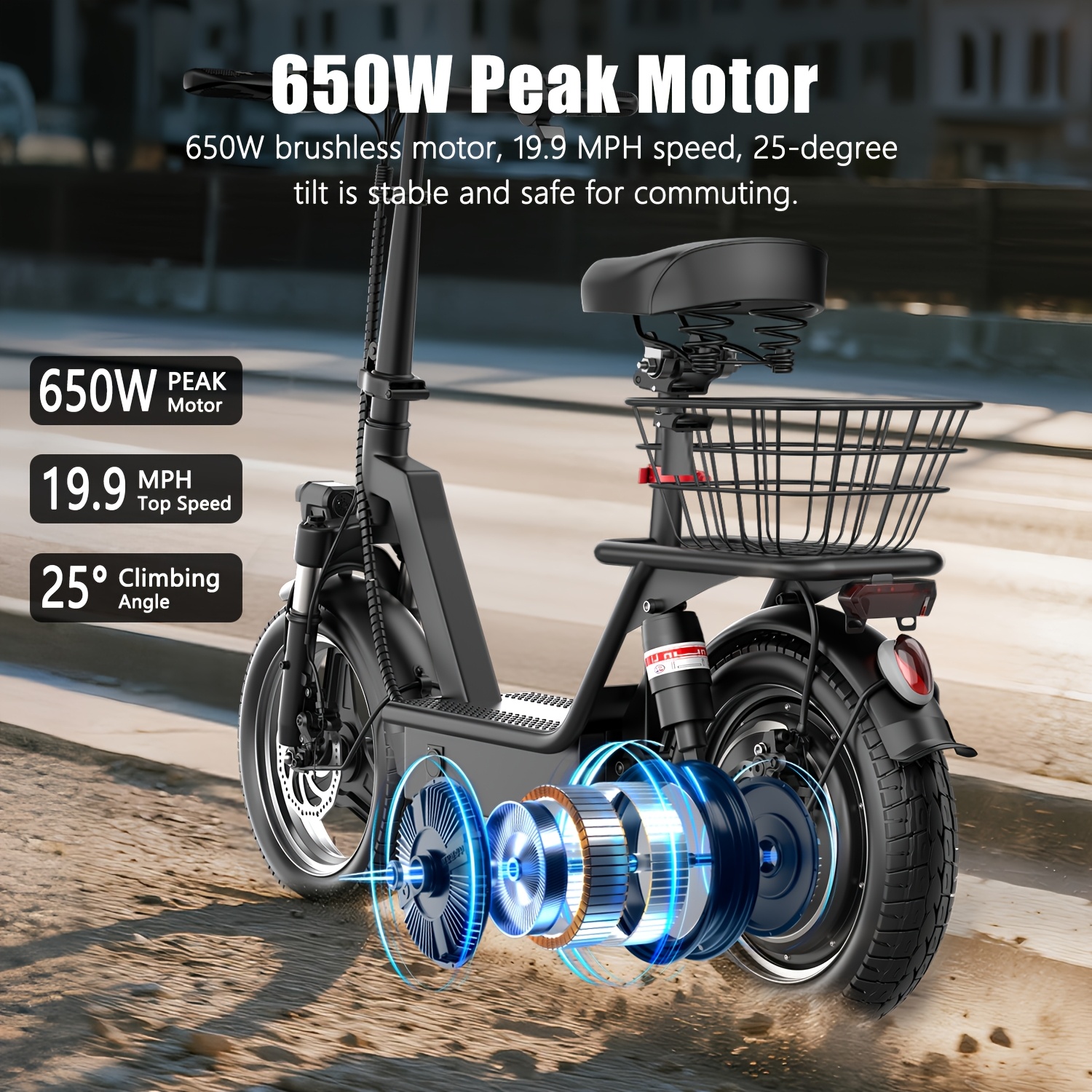 Electric scooter with seat, 25-mile long range and a top speed of 19.9 mph, 14inch inflatable tires, height-adjustable seat and handlebars, dual suspension commuter scooter with basket
