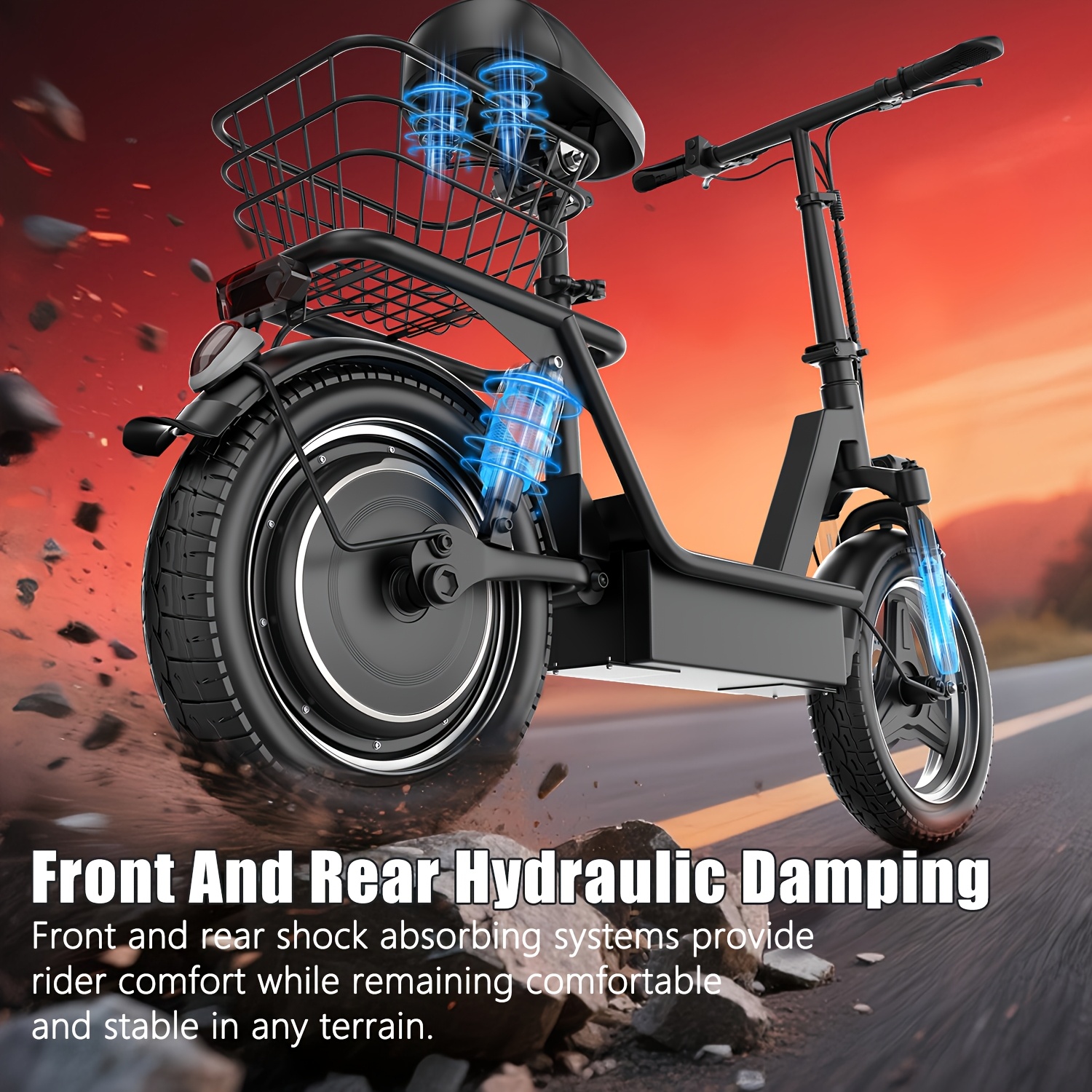 Electric scooter with seat, 25-mile long range and a top speed of 19.9 mph, 14inch inflatable tires, height-adjustable seat and handlebars, dual suspension commuter scooter with basket