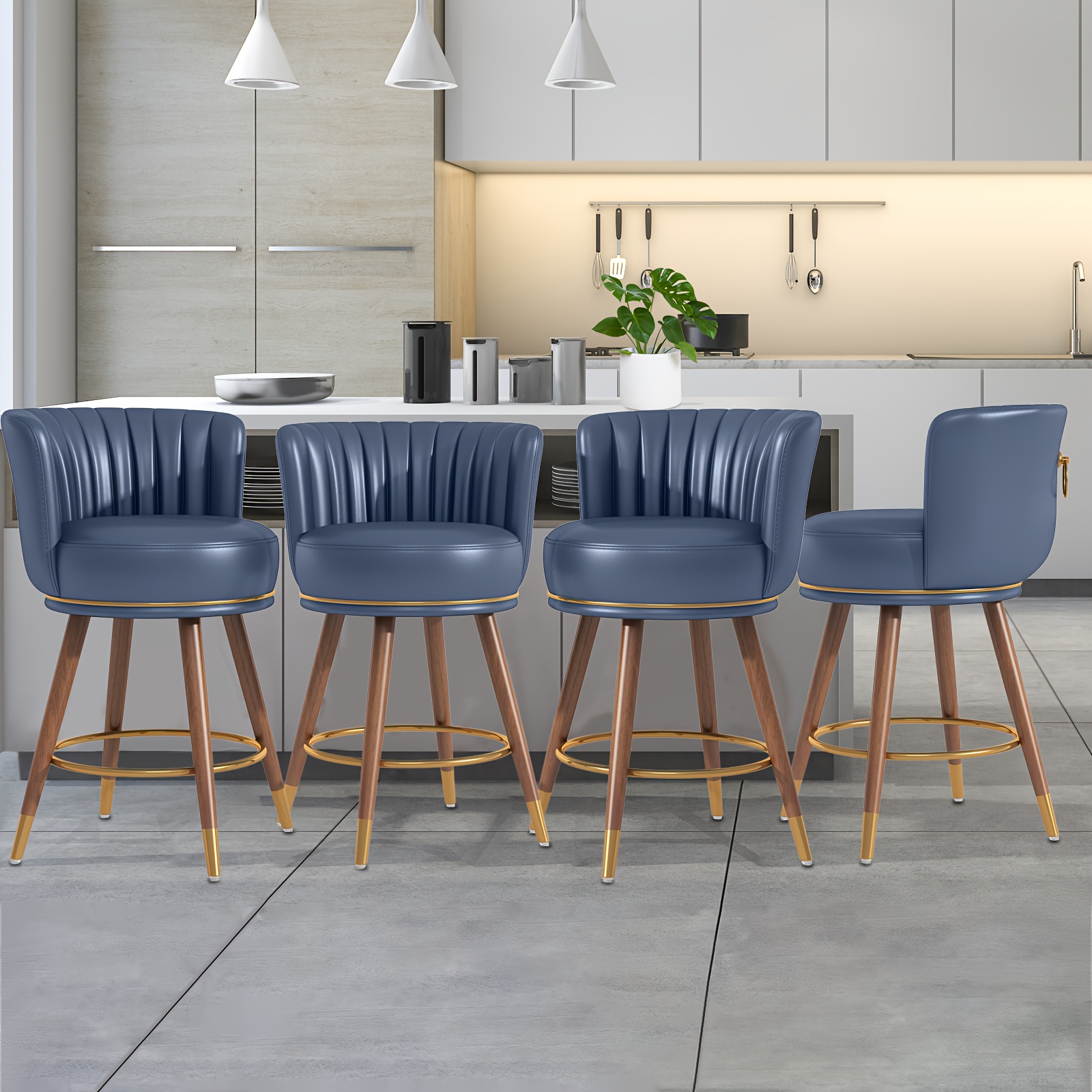Junius 4-piece set of swivel bar stools, 26inch high stools with backrest, 360-degree rotating wooden leg bar chairs, white cushioned kitchen island stools, weight capacity 300 pounds