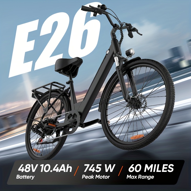 E26 electric bicycle, 26inch tires, peak power 745W, front dual shock absorbers, 48V, 10.4Ah lithium battery, maximum range 60 miles, suitable for city commuting and outdoor riding