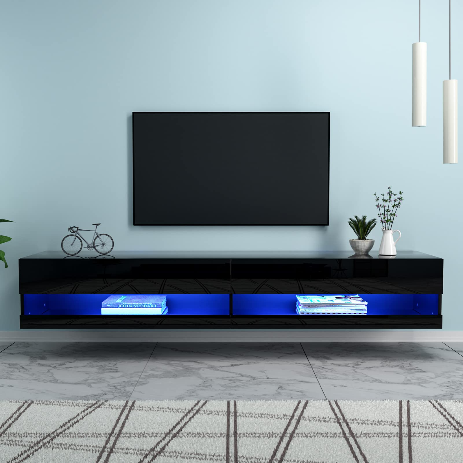 Floating TV Stand for TVs Up to 85 inch, 70 inch Wall Mounted Haning TV Stand with LED Lights