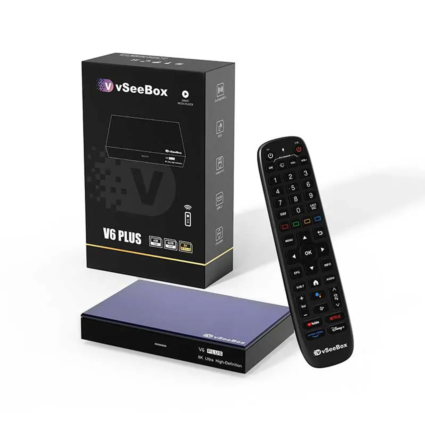 Vseebox V6 Plus Version Voice Control, 8K HDMI&Ethernet Cable, Android 14, 4GB RAM, 64GB Storage