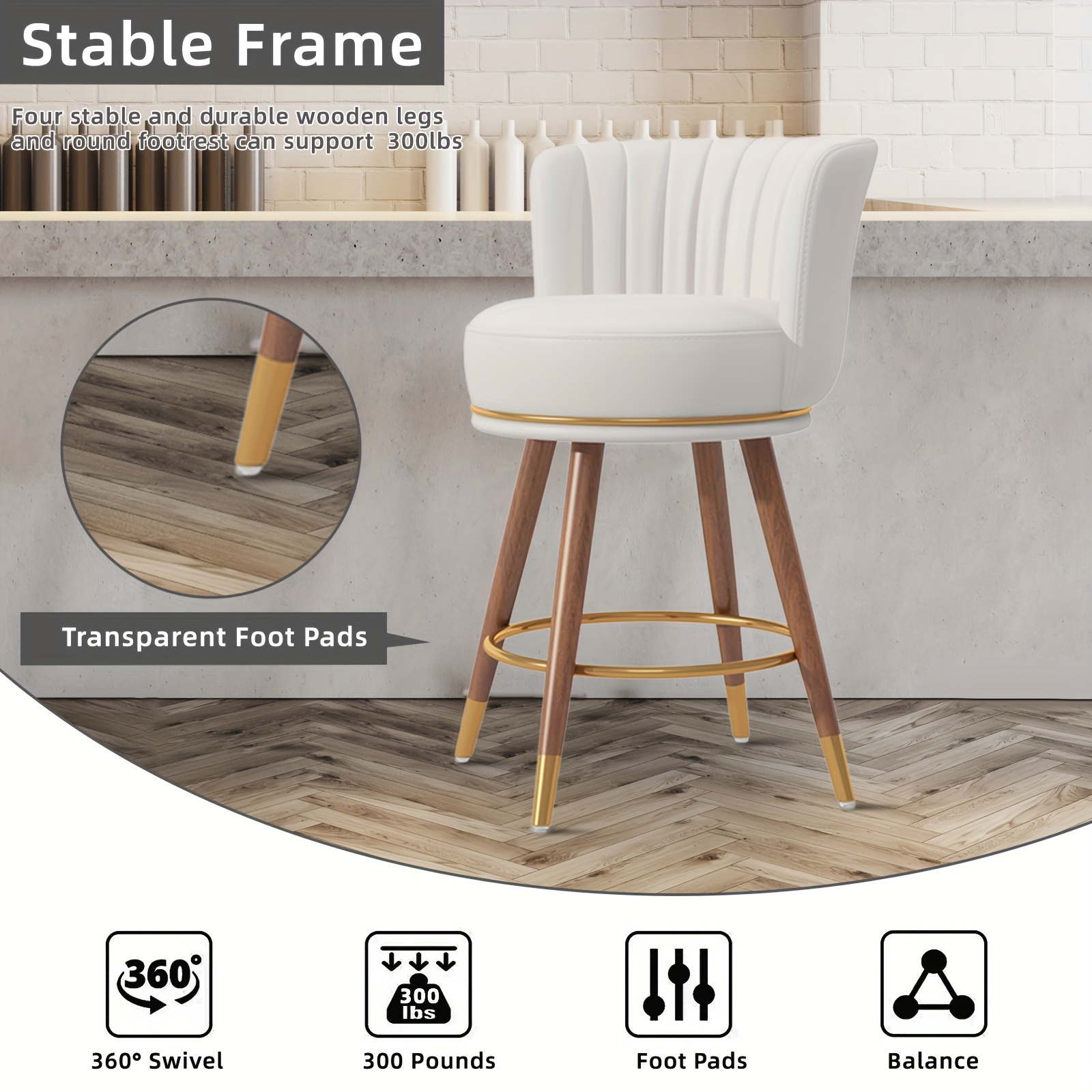 Junius 4-piece set of swivel bar stools, 26inch high stools with backrest, 360-degree rotating wooden leg bar chairs, white cushioned kitchen island stools, weight capacity 300 pounds