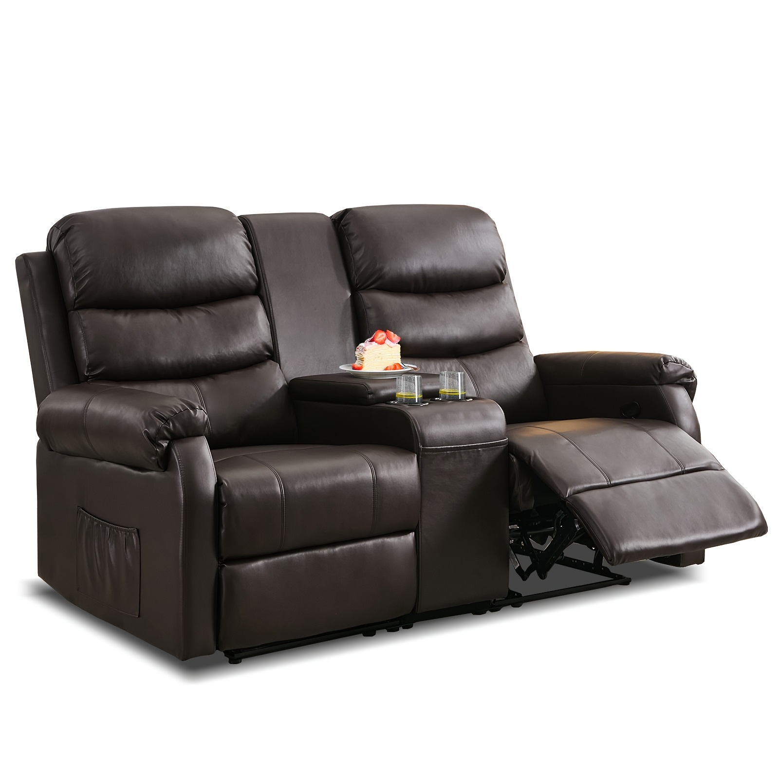 Adjustable double sofa for office, manual RV recliner, with console, cup holder and pockets, faux leather fabric