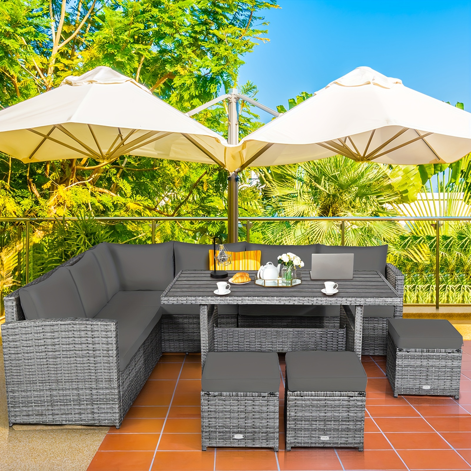 7-piece courtyard rattan dining table set, combination sofa, footstool, garden gray