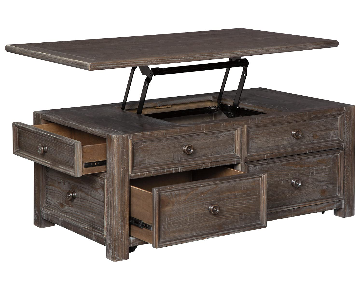 Rustic Rectangular Lift Top Coffee Table with 4 Storage Drawers, Dark Brown with Distressed Finish