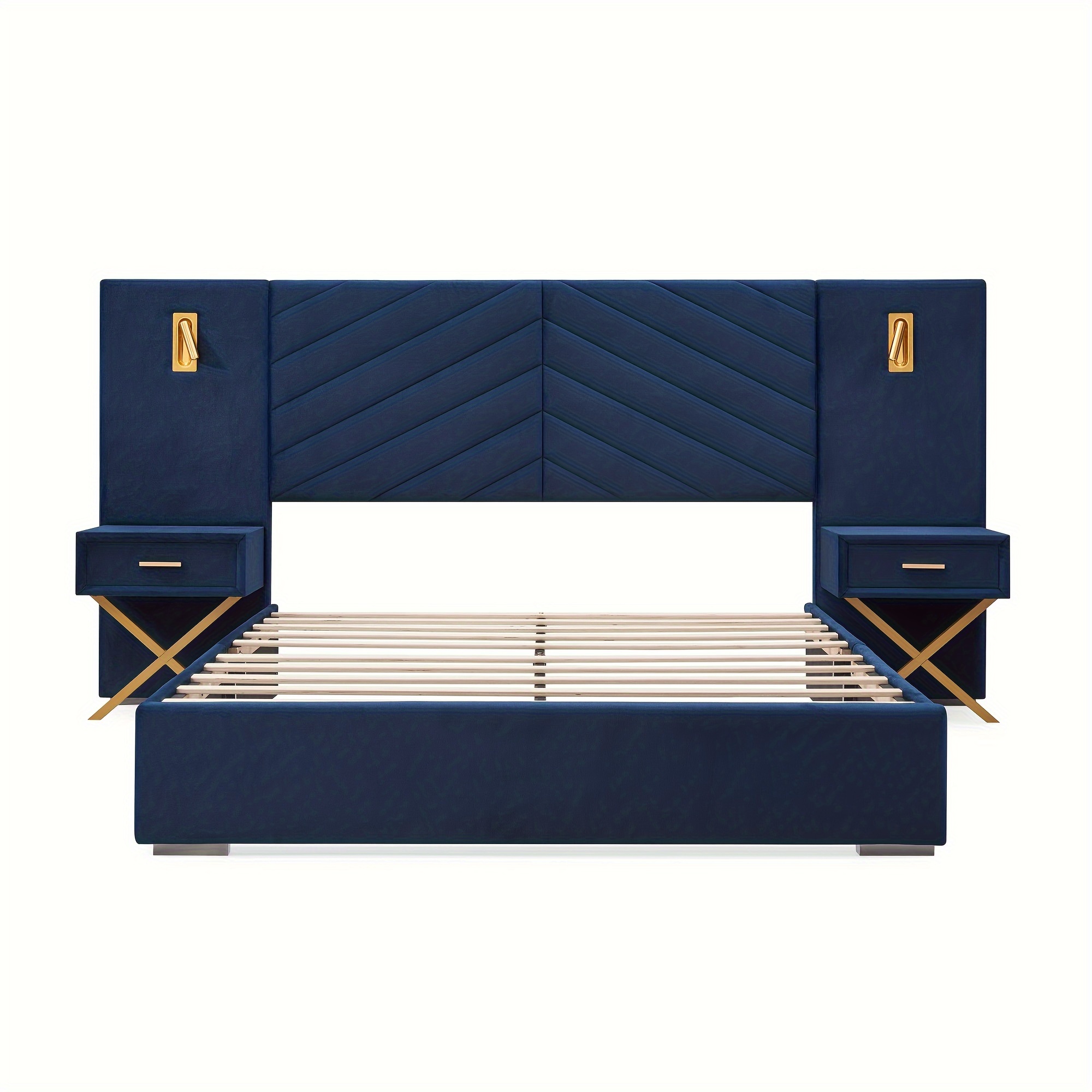 Luxurious double/queen-size bed frame with built-in LED lights and nightstand, double/queen-size platform bed with extra-large upholstered headboard, no mattress support required