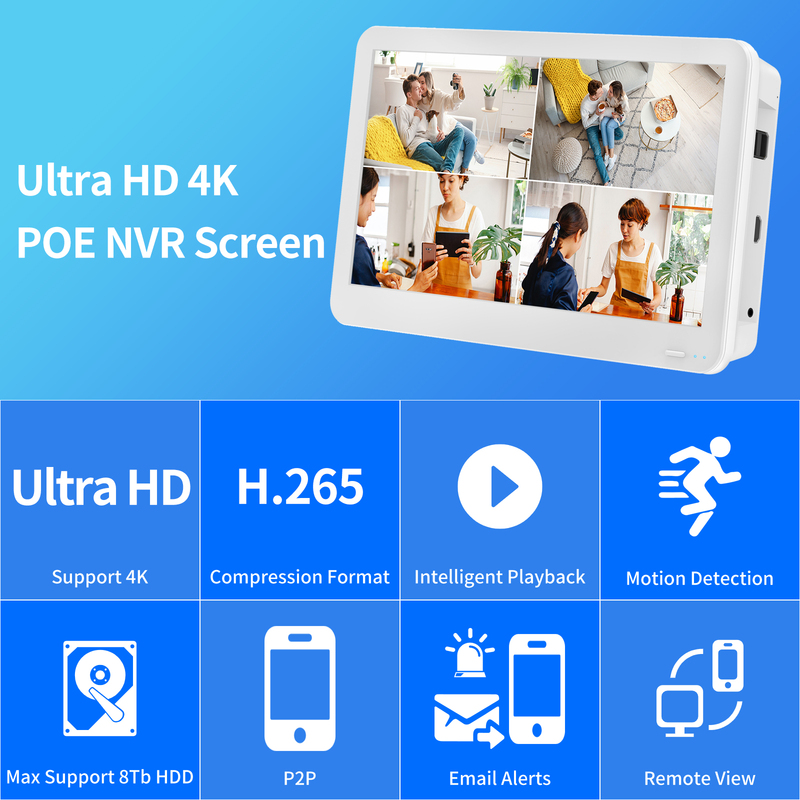 Ultra HD 12inch Screen 8CH POE NVR 4K 8MP Face Detection Video Recorder for POE IP Camera CCTV System Network Surveillance XMEYE