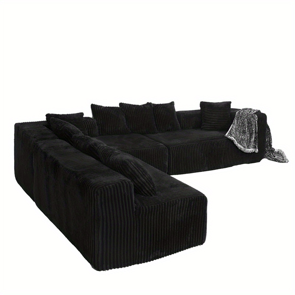 130inch Modular U-Shaped Sofa with Chaise Lounge - 4-Seater Reversible L-Shaped Sofa, Striped Corduroy Fabric (Black), No Assembly Required, Configurable Layout, Suitable for Large Living Rooms and Bedrooms - Soft and Comfortable