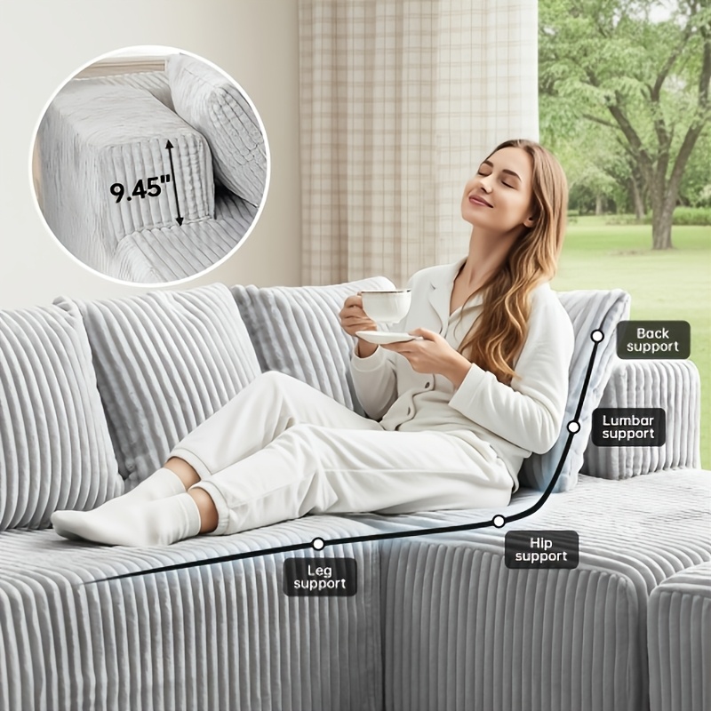 4-seater modular U-shaped sofa with a sleeper bed| Gray striped corduroy fabric| Free combination, easy installation