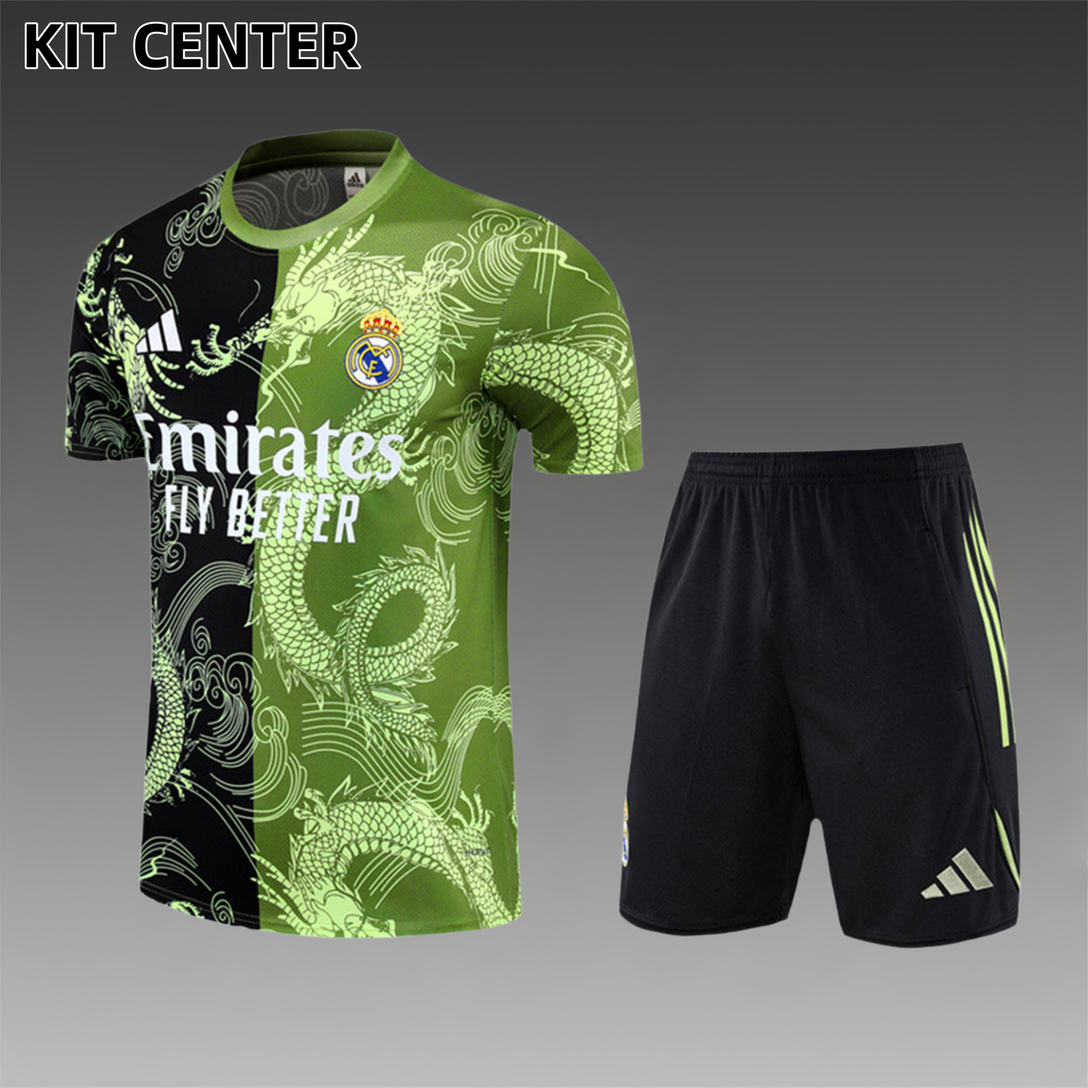 2025/2026 Real Madrid dark green children's short-sleeved training suit (Adult Kids Kit)