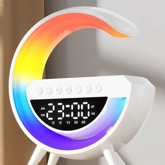 7 in 1 RGB Bluetooth Speaker with Wireless Charging Station, Digital Alarm Clock, FM Radio, Color Changing LED Night Light, Rechargeable Multifunctional Audio for Bedroom Desk