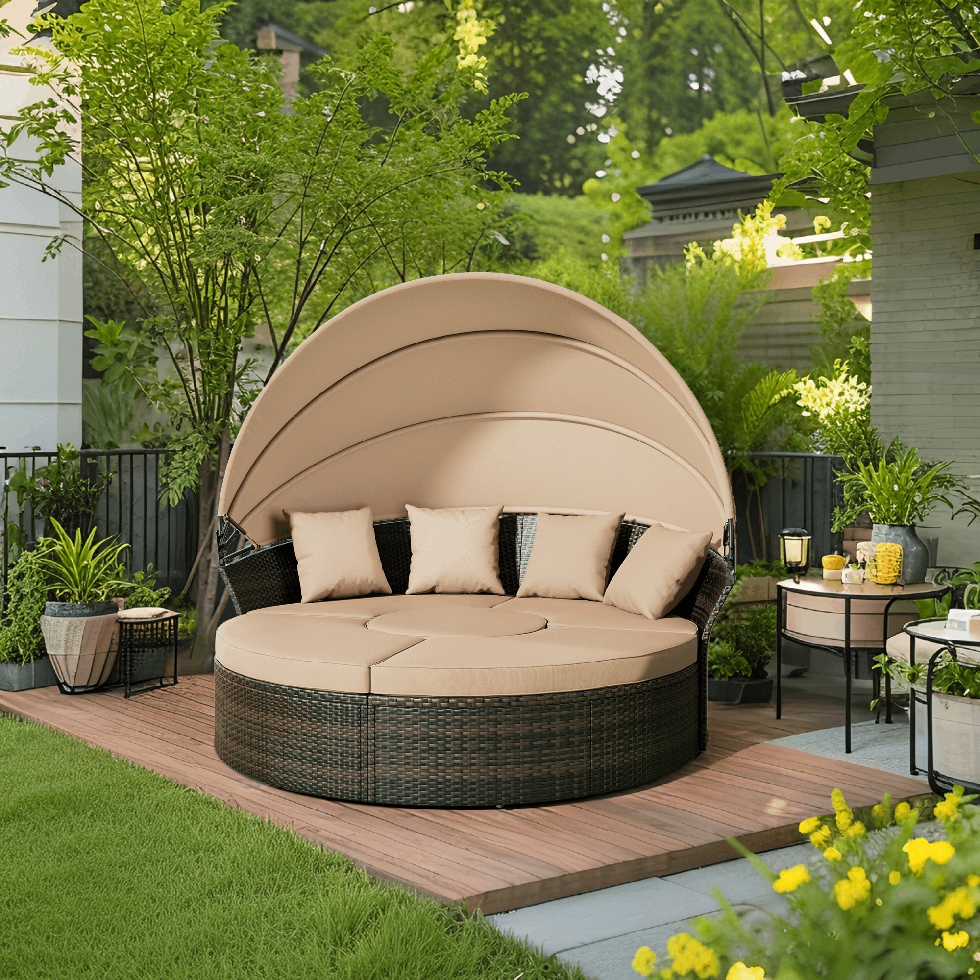 Outdoor round daybed with retractable sunshade, shell-shaped split seat, rattan furniture with washable cushions, suitable for backyard, lawn, poolside, garden, and outdoor living spaces, brown