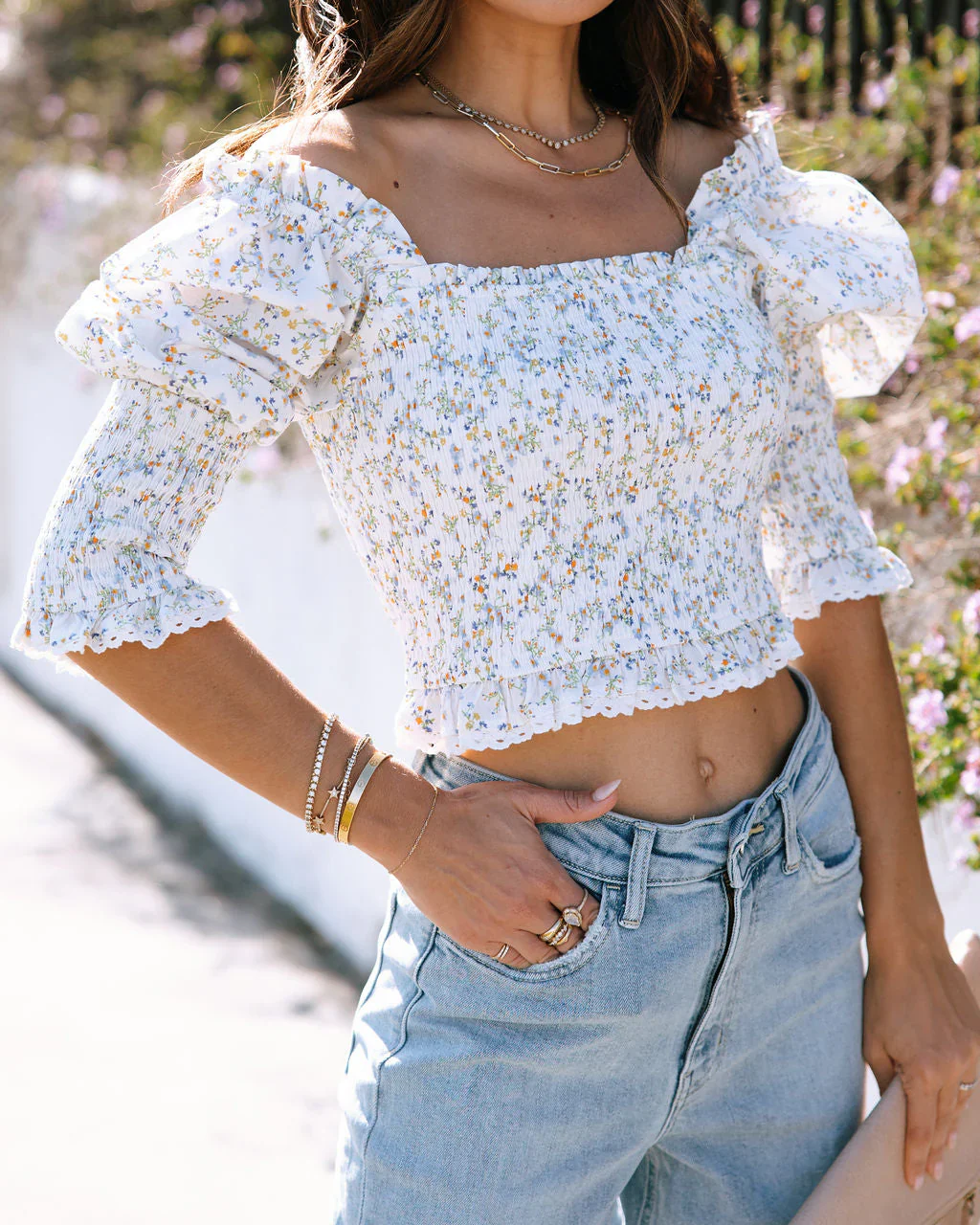 Spring Meadow Cotton Floral Smocked Top