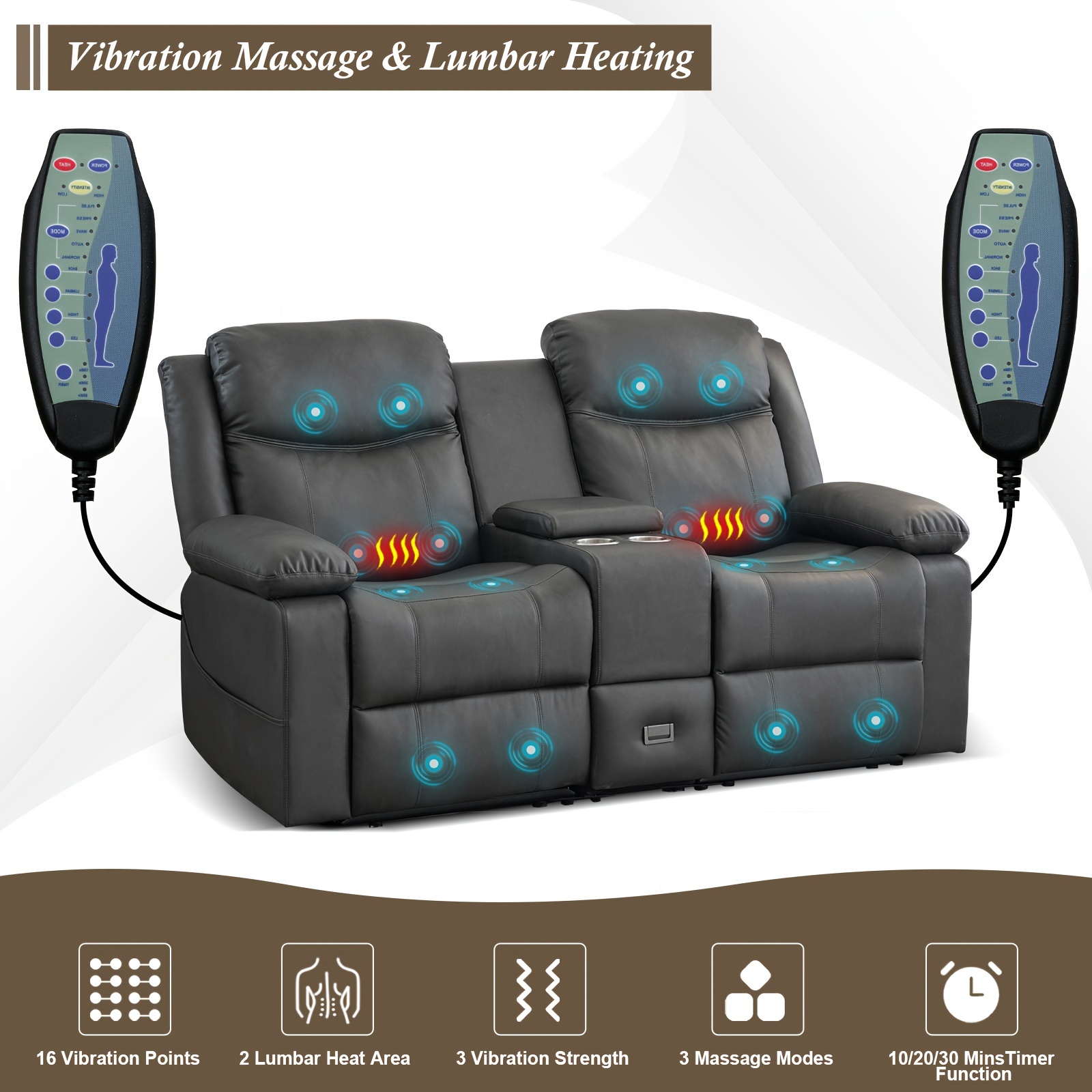 Consofa Double Sofa Recliner, PU Leather Recliner Double Sofa, Manual Recliner Double Sofa with Console, RV Sofa with Cup Holder and Side Pockets, Suitable for Living Room, Office, or Apartment (Gray)