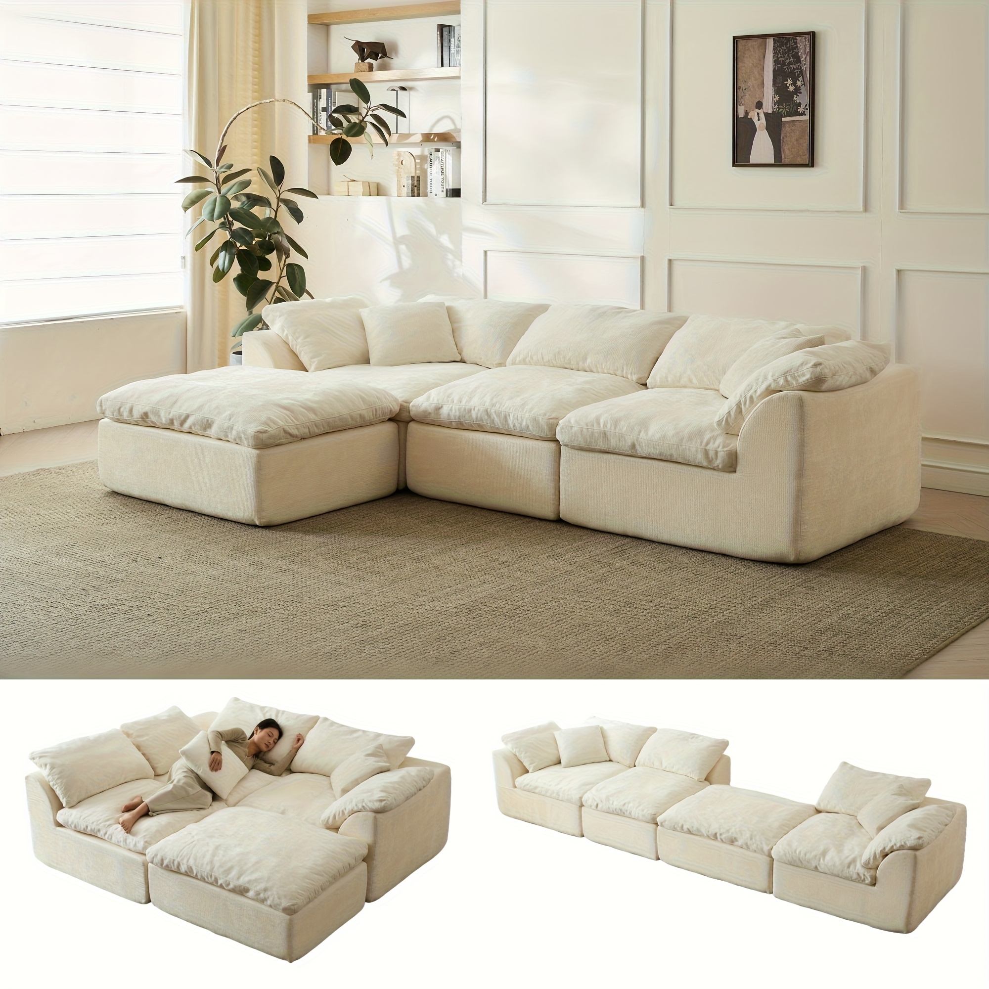 109inch Modern Cloud Sofa, Living Room Deep Seat Corner Frameless Sofa with Footrest, Extra Large Comfortable Three-Seater Chenille Fabric Compression Sofa Modular Combination Sofa, White
