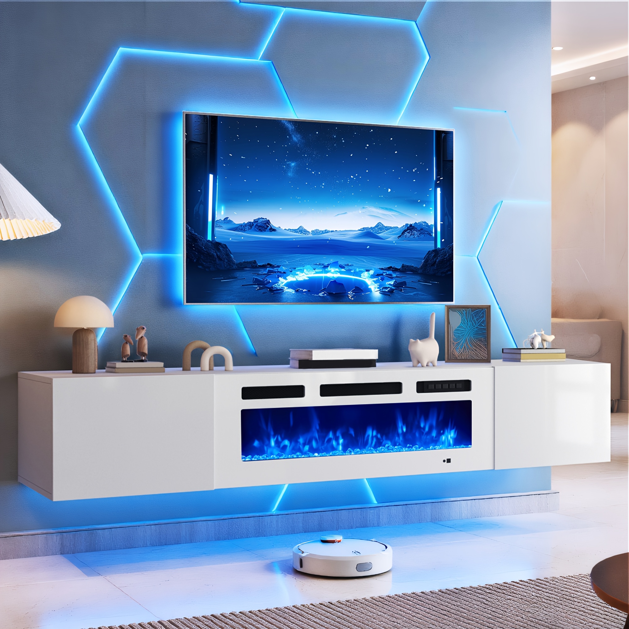 Wall-mounted TV cabinet with electric heater, living room storage fireplace entertainment center, wall-mounted fireplace TV cabinet