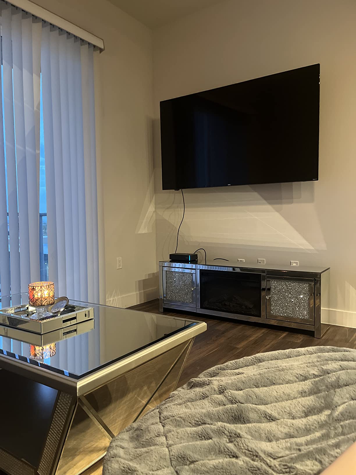 Mirrored Fireplace TV Stand, Mirrored Media Entertainment Center for TV up to 55 inch