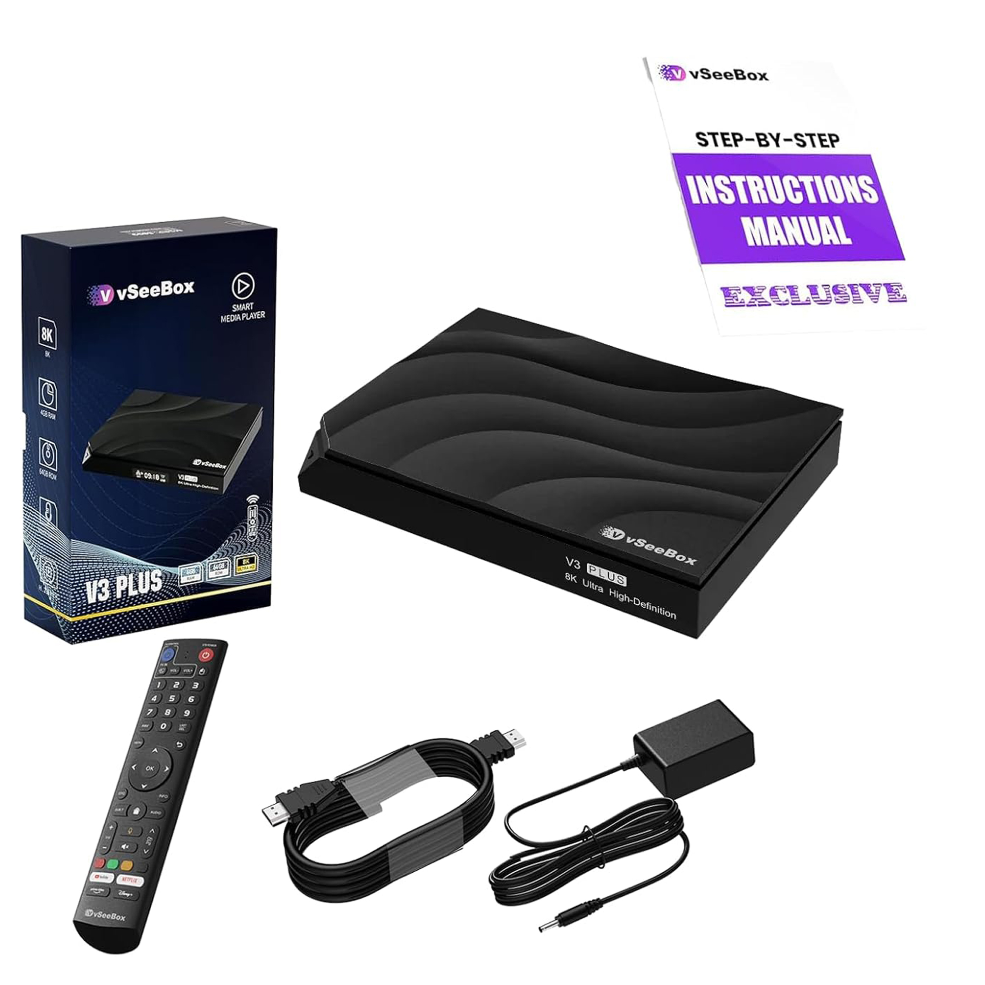 Vseebox V3 Plus Version Voice Control, 8K HDMI&Ethernet Cable, Android 11, 4GB RAM, 64GB Storage