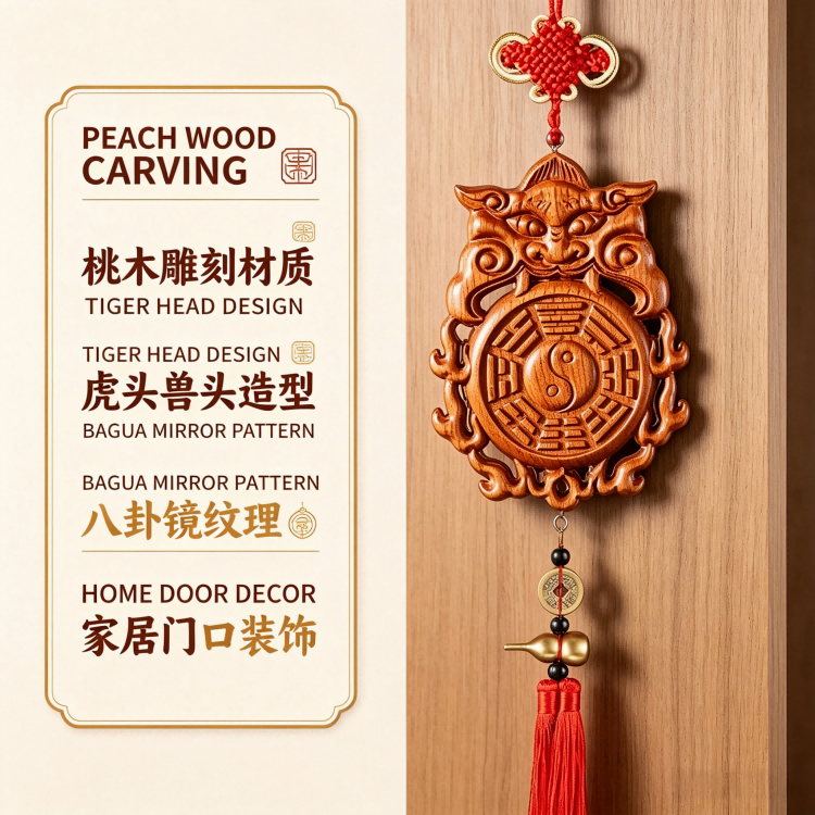 Peach Wood Tiger Head Bagua Convex Mirror