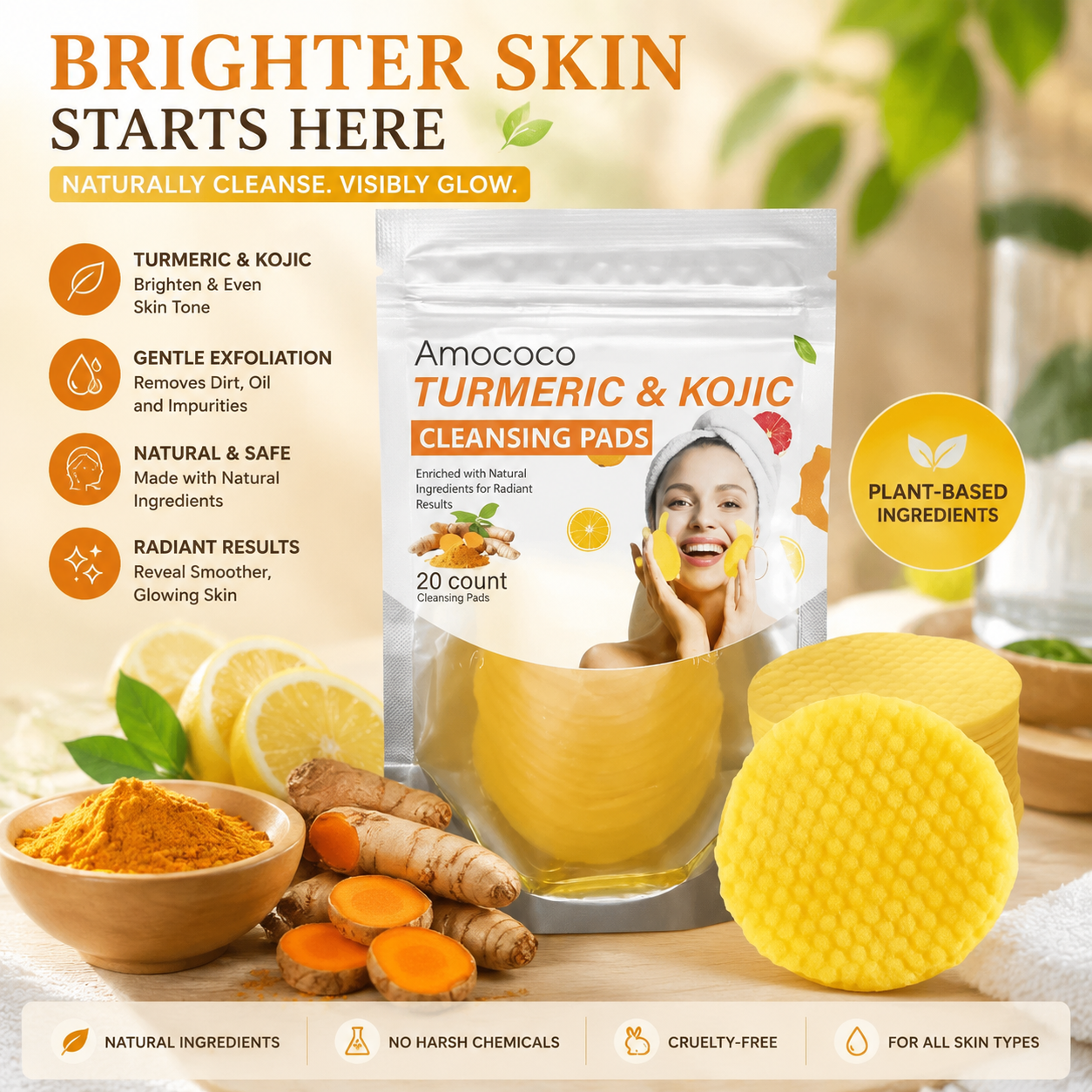 💥LAST DAY 49% OFF🌟 Turmeric & Kojic Acid Cleansing Pads – 20 Pcs, Gentle Deep Clean, Brighten & Soften Skin
