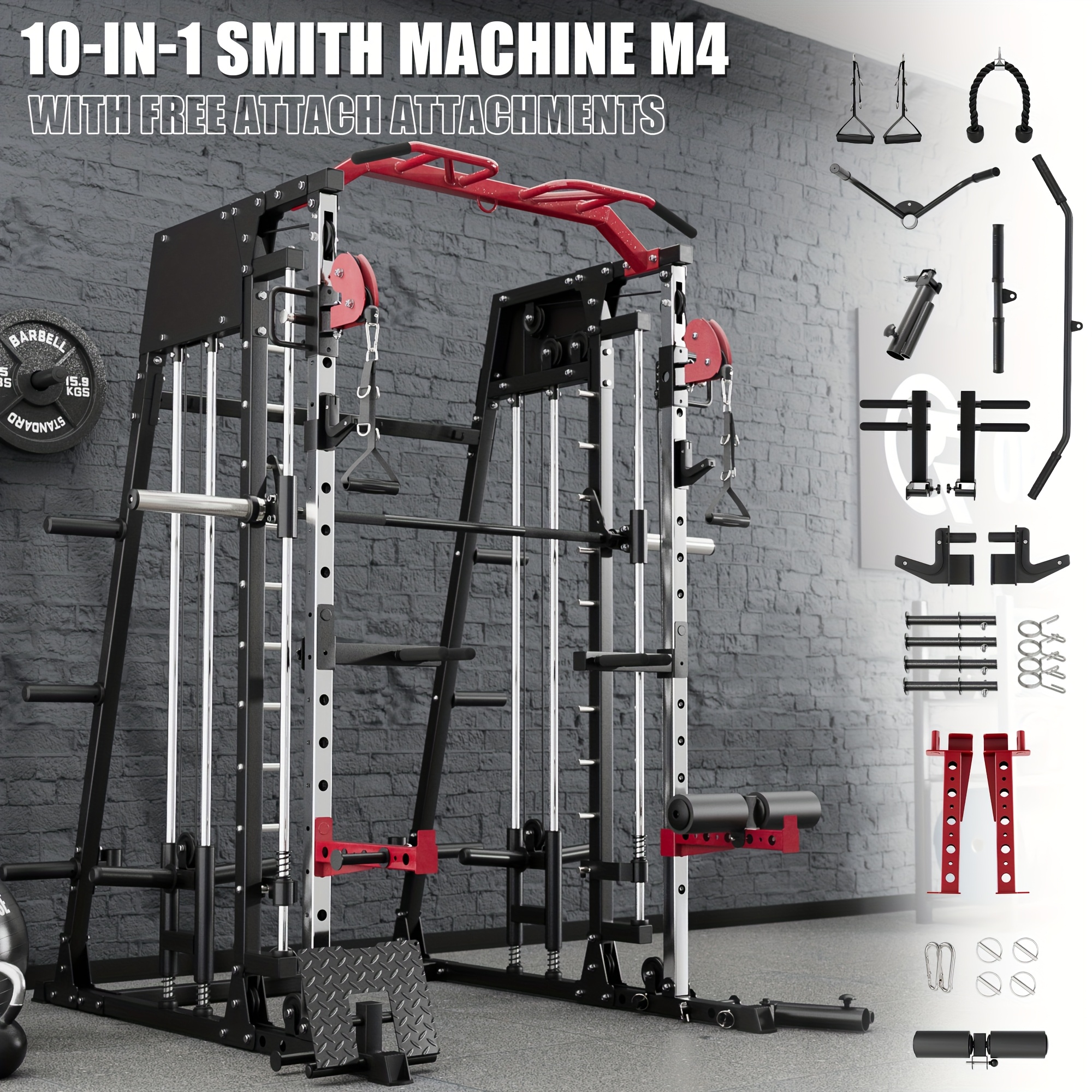 Home gym, with Smith machine, equipped with a 2200-pound heavy-duty support frame, cable crossover bar, weightlifting bar, and 360-degree swivel°Landmines, weightlifting racks, and various accessories for comprehensive strength training