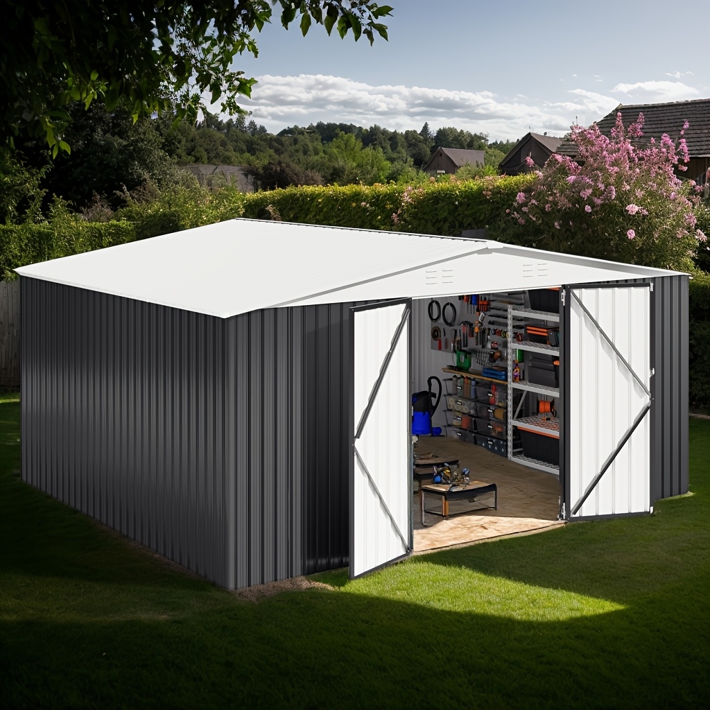 12X14 feet outdoor metal storage shed| Durable frame, lockable French doors, extra-large height design, perfect for garden, backyard, patio, tool storage, white roof, a gift for boyfriend or husband - Viwat brand