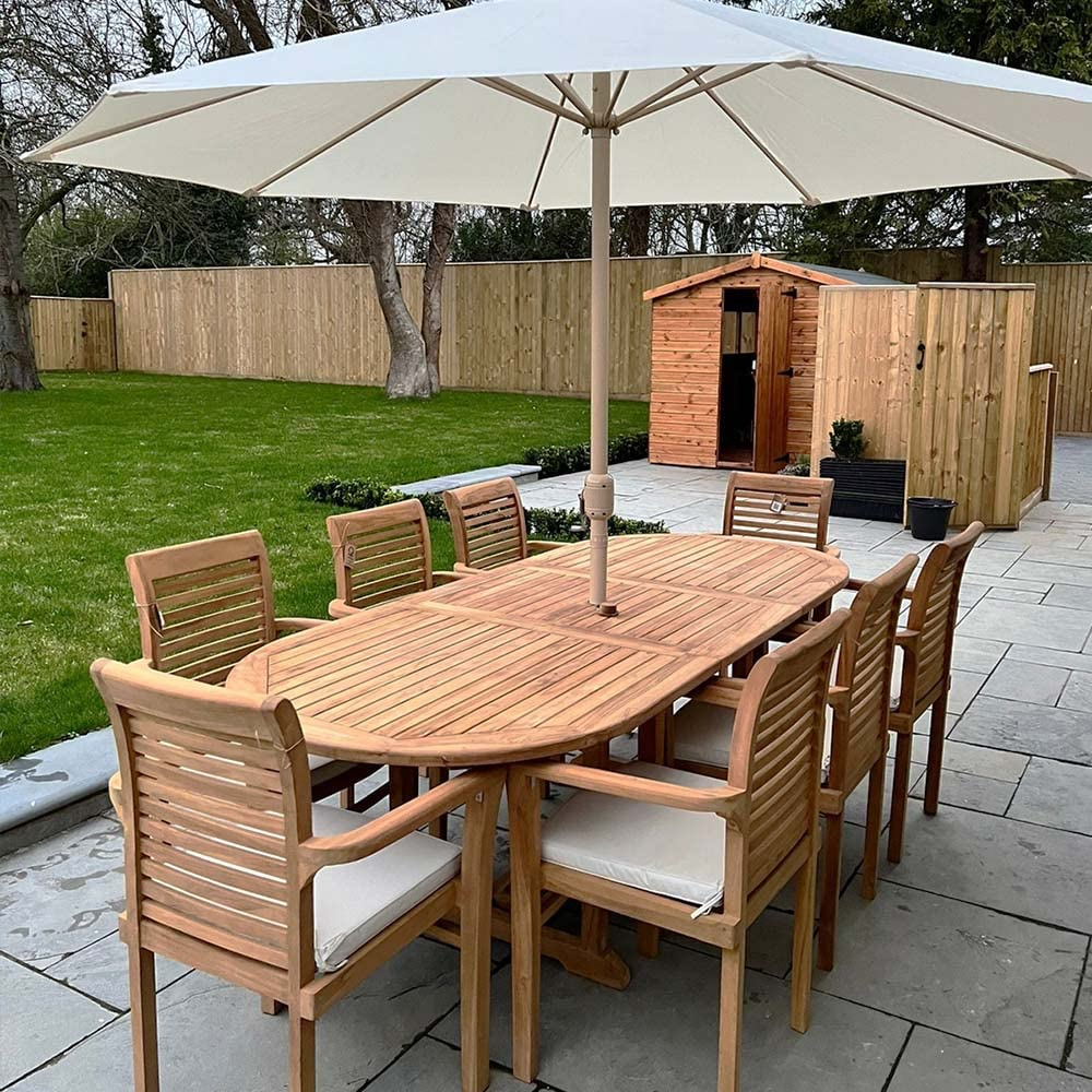 【BS】Teak Garden Furniture Set, Garden Table & 8 Chairs, Wooden Garden Furniture Set with Parasol