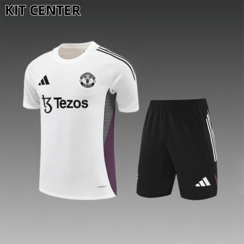 25/26 Manchester United White paired with purple Short Sleeve Training Wear ( Adult kit Kids )