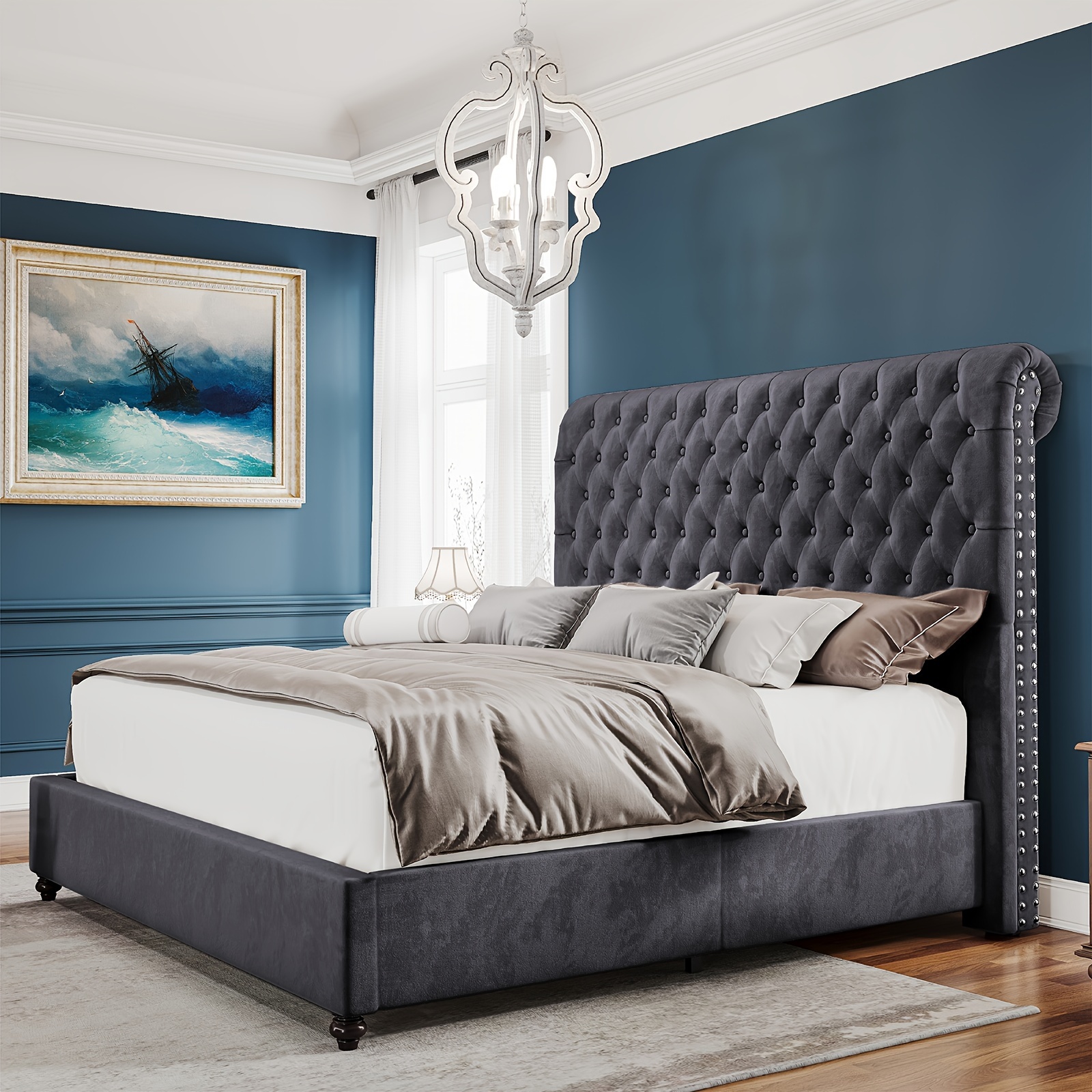 Papajet fabric sleigh bed frame with diamond-decorated headboard