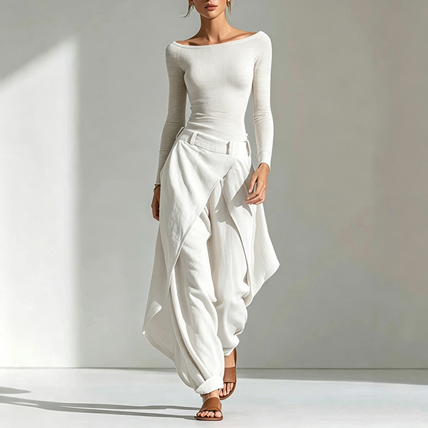 OFF-SHOULDER TOP EN ASYMMETRISCHE WIJDE PIJPEN  SET
