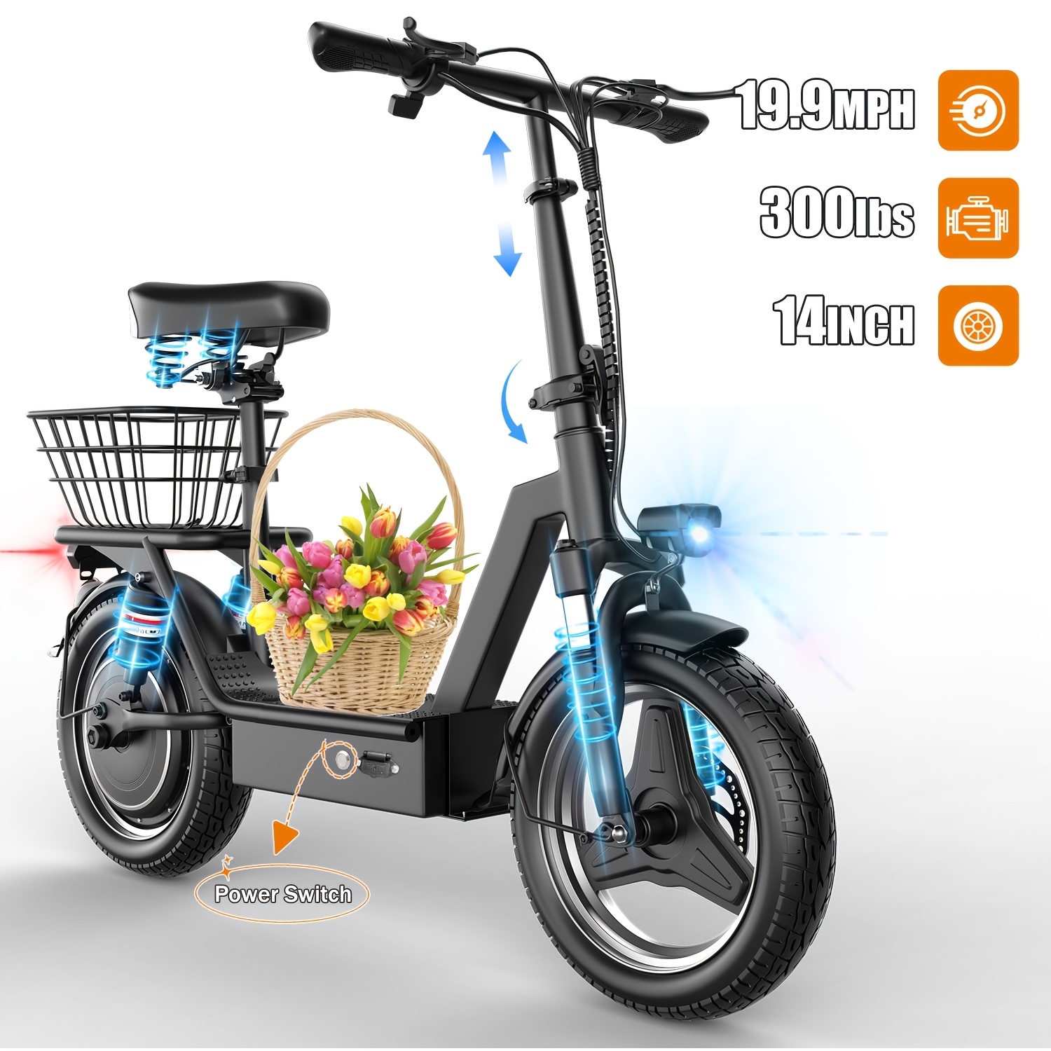 Electric scooter with seat, 25-mile long range and a top speed of 19.9 mph, 14inch inflatable tires, height-adjustable seat and handlebars, dual suspension commuter scooter with basket