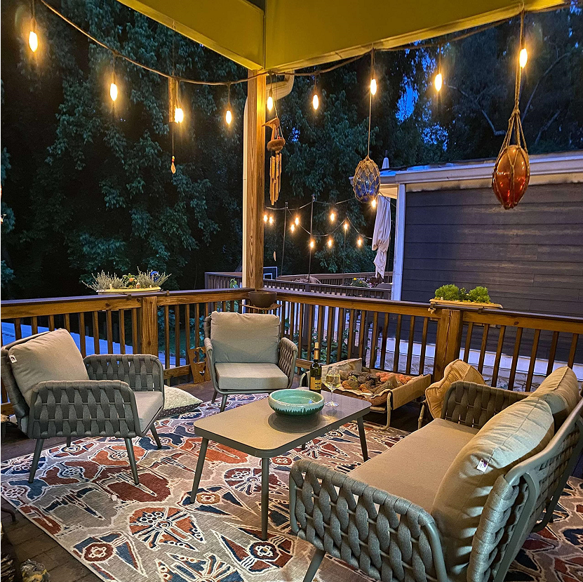 Patio Conversation Set 4 Pcs Aluminum Frame Rope Outdoor Furniture with Coffee Table & Cushions