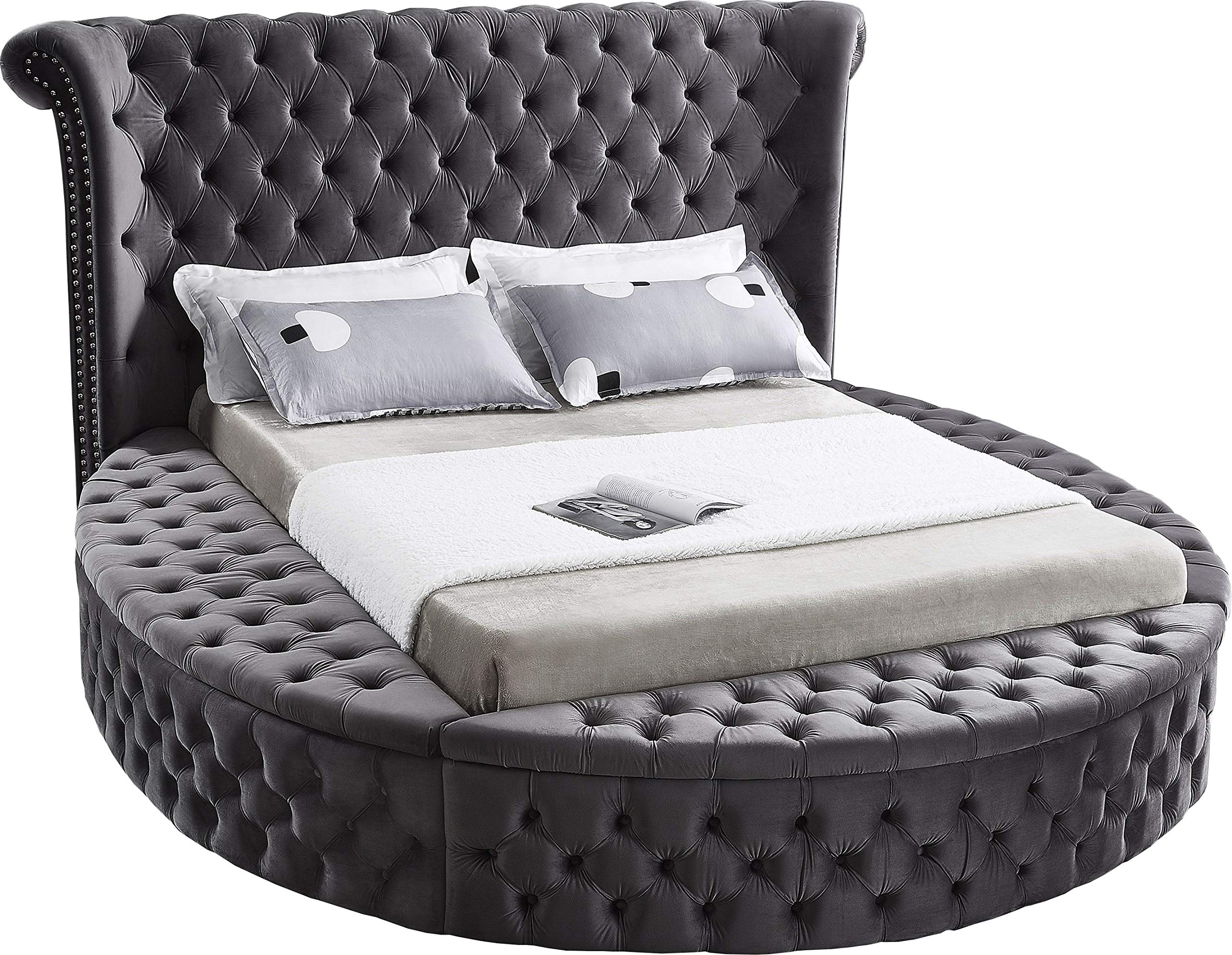 Contemporary Round Shaped Velvet Upholstered Bed with Deep Button Tufting & Footboard Storage, King