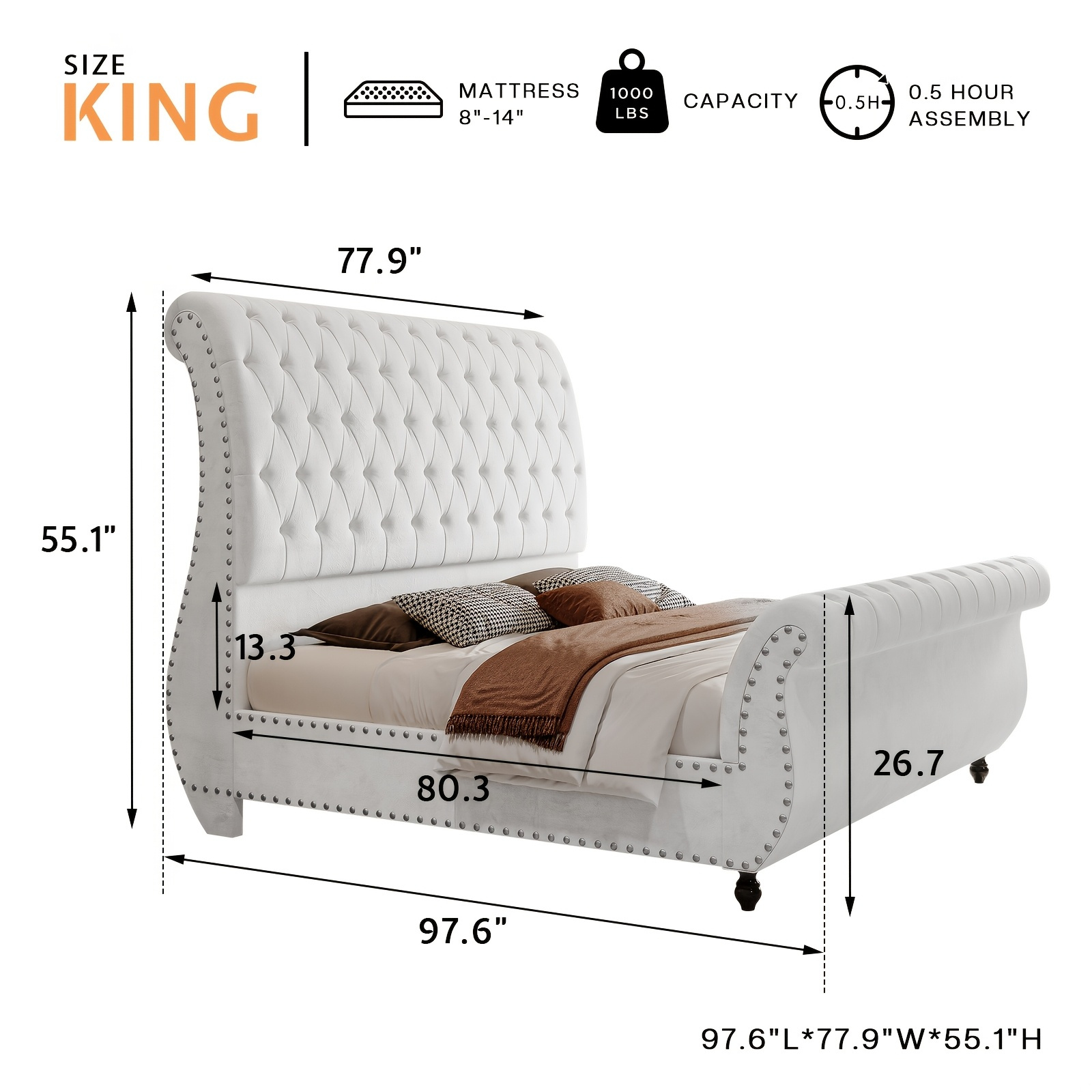 Luxurious velvet upholstered sled bed, featuring an elegant curved headboard and footboard, with a button-tufted base, no box spring required