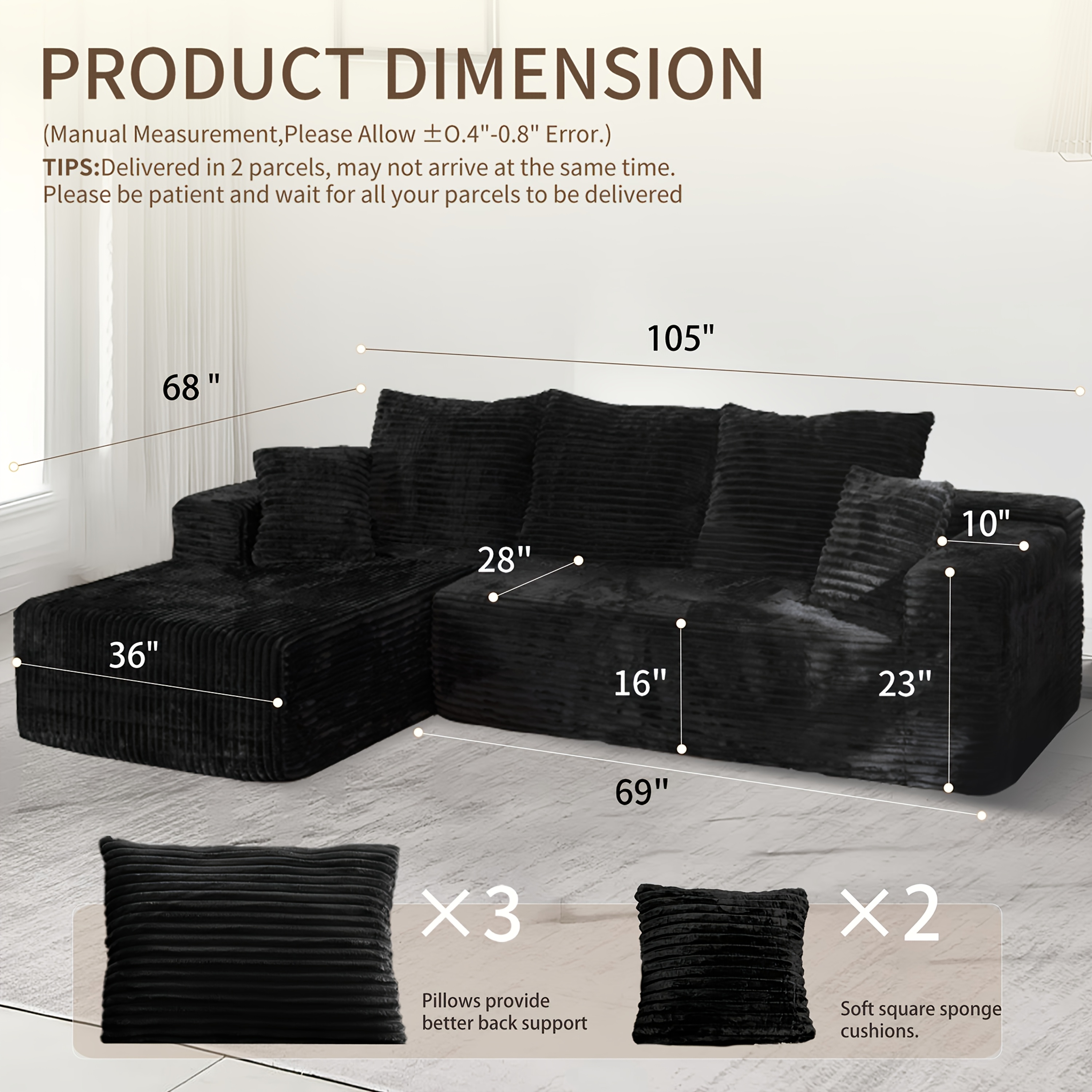 Extra-large L-shaped sofa with chaise lounge, minimalist compressed frame sofa, no assembly required, modular cloud combination sofa, suitable for living room and bedroom, right-side chaise lounge, plush corduroy