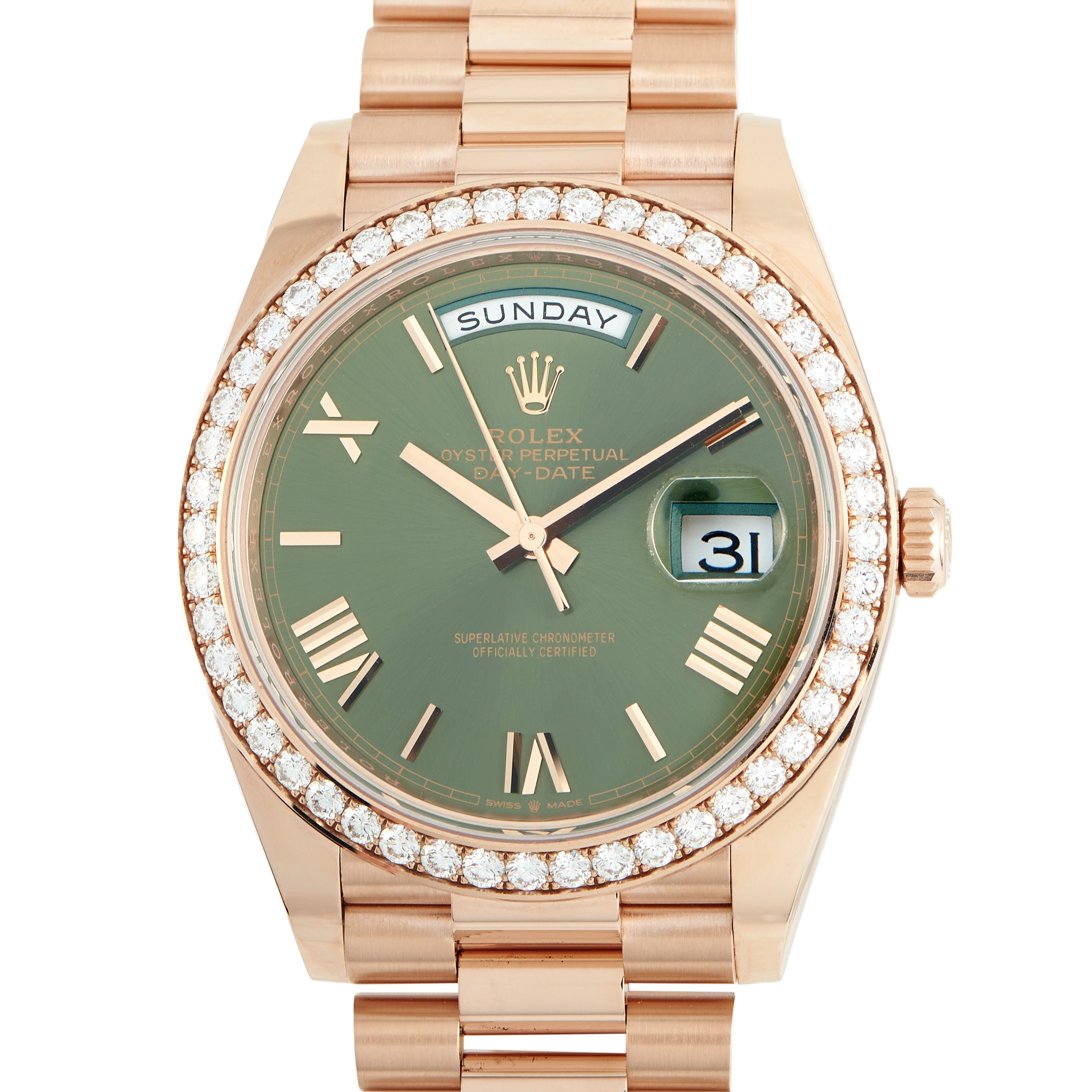 RolexDay-Date 40 Green Dial Diamond Bezel Everose Gold President Watch 228345RBR-0011