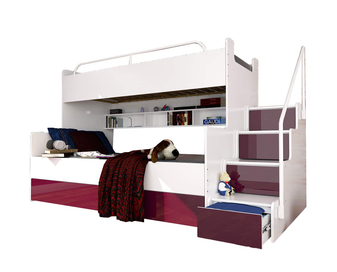 Bunk Bed for 2 Children Stairs Shelves Drawers Rail Modern High Gloss Inserts (White & Purple)