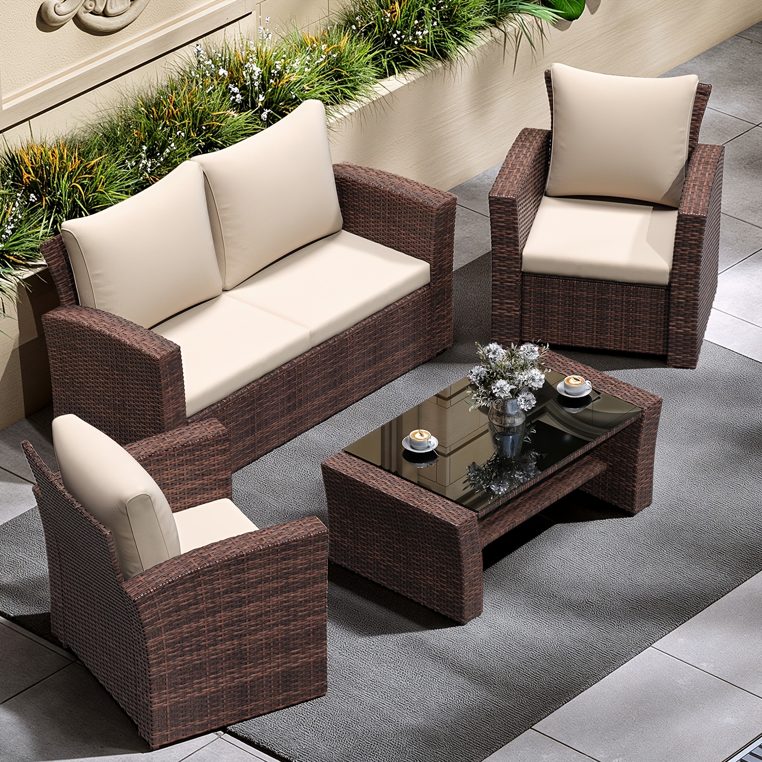 ROYALCRAFT 4-piece patio furniture set, all-weather outdoor sectional sofa, hand-woven rattan outdoor conversation set, with cushions and glass table