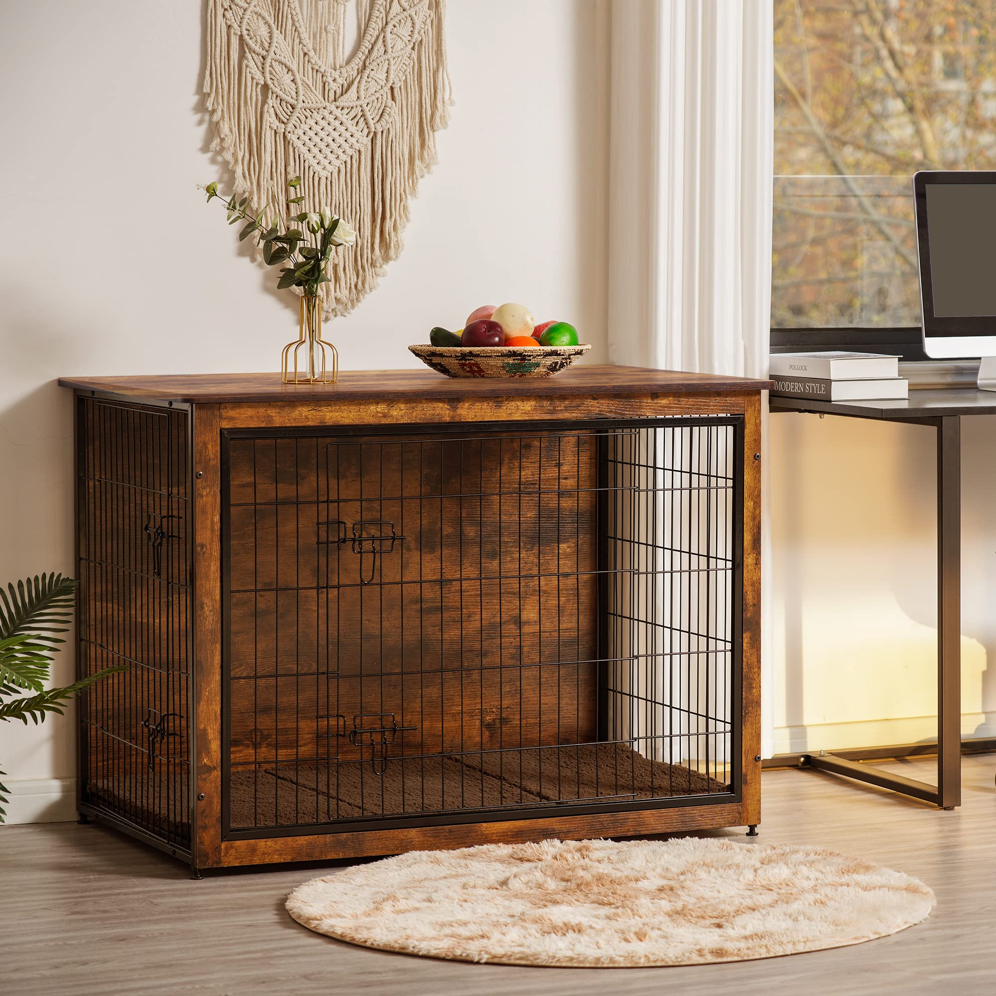 Dog Crate Furniture with Cushion, XL Wooden Dog Crate with Double Doors, Dog Furniture